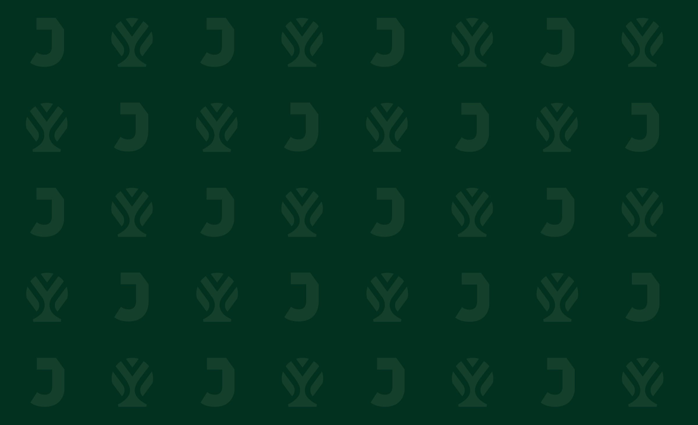 A tonal green pattern alternating the letter J and the apple-tree symbol.