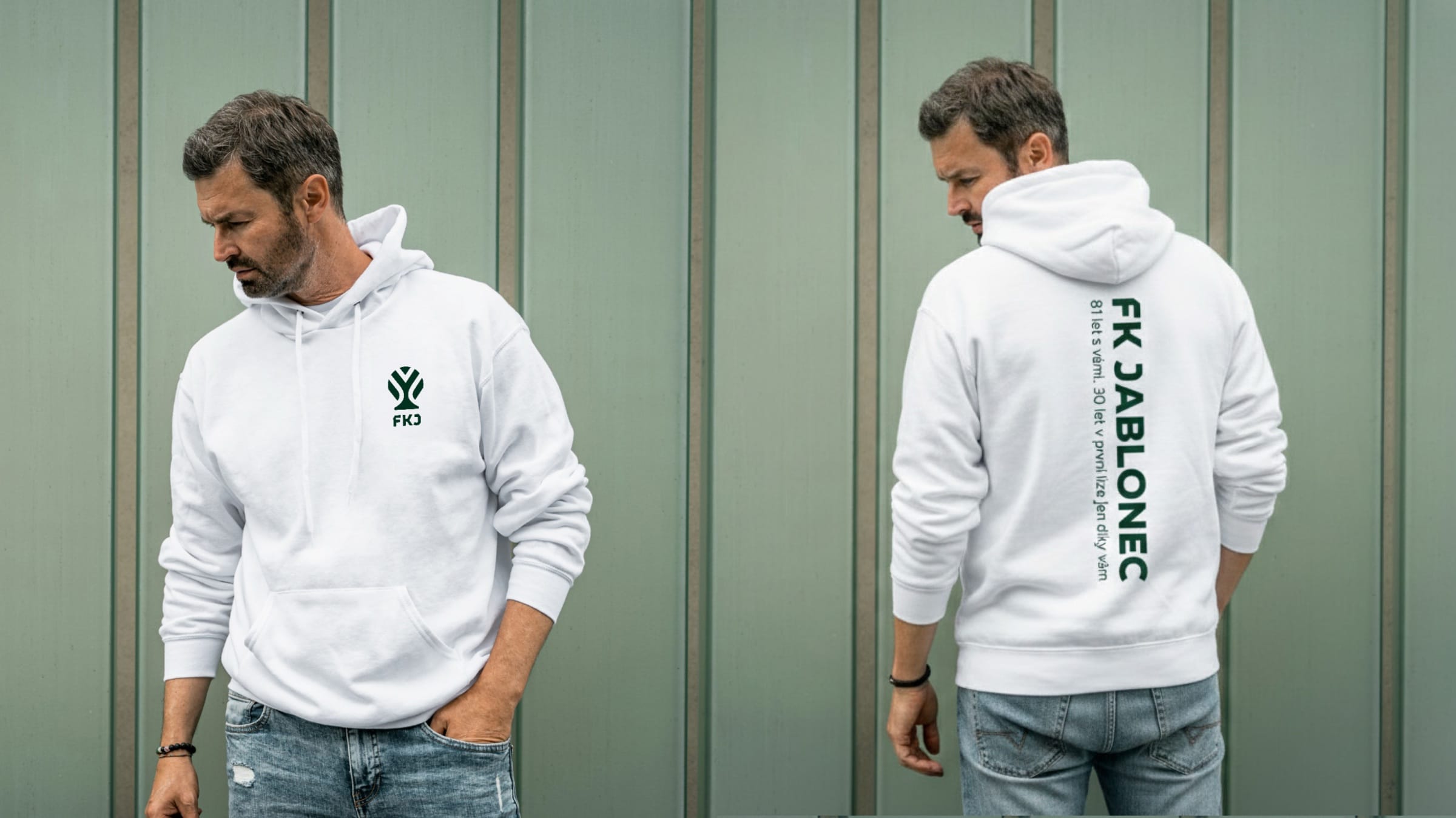 A white hoodie with the green apple-tree symbol and FKJ on the chest, and FK JABLONEC down the back. AI-assisted mockup.