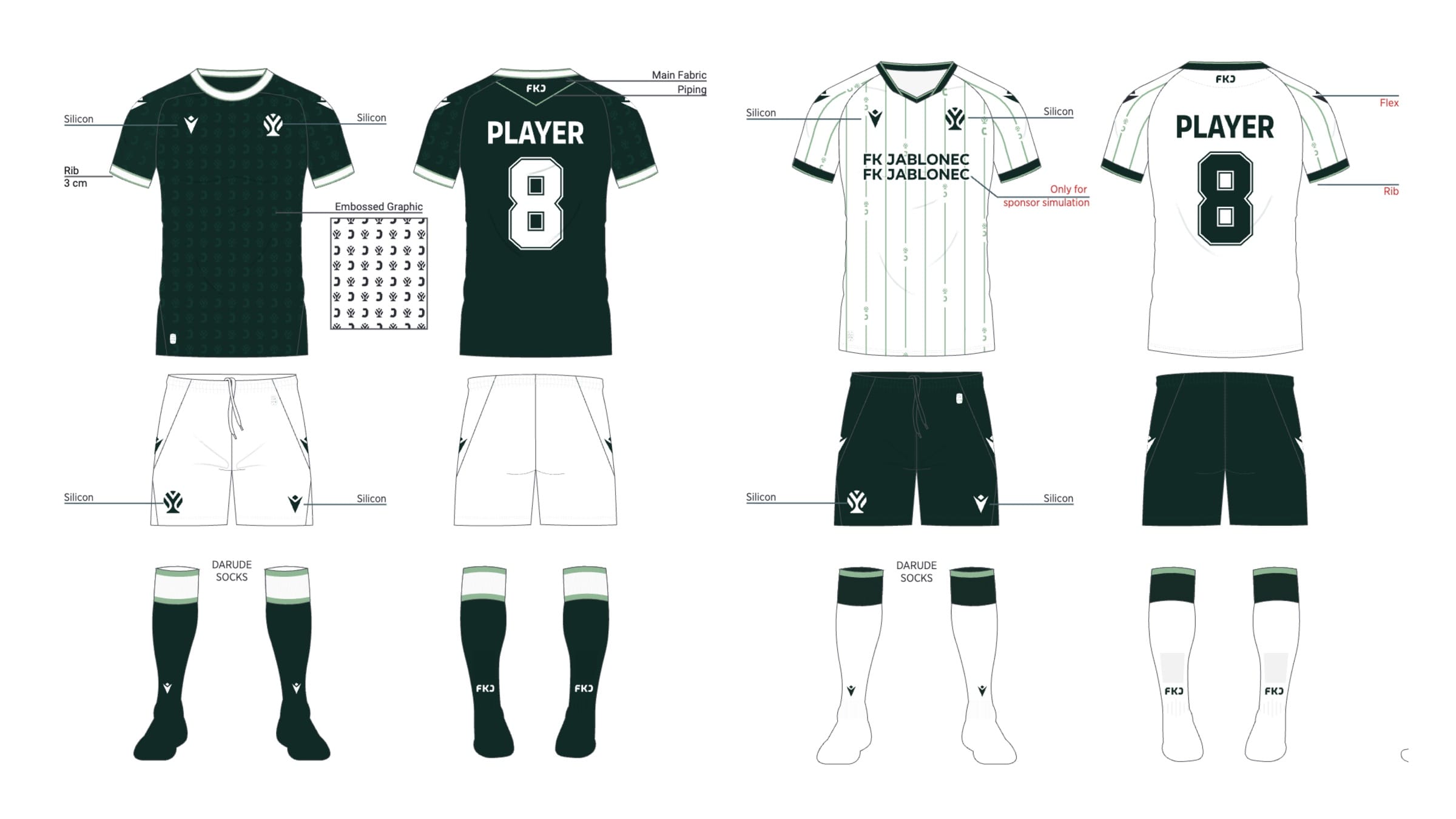 Technical drawings of the home kit in deep green and the away kit in white with green pinstripes, front and back.