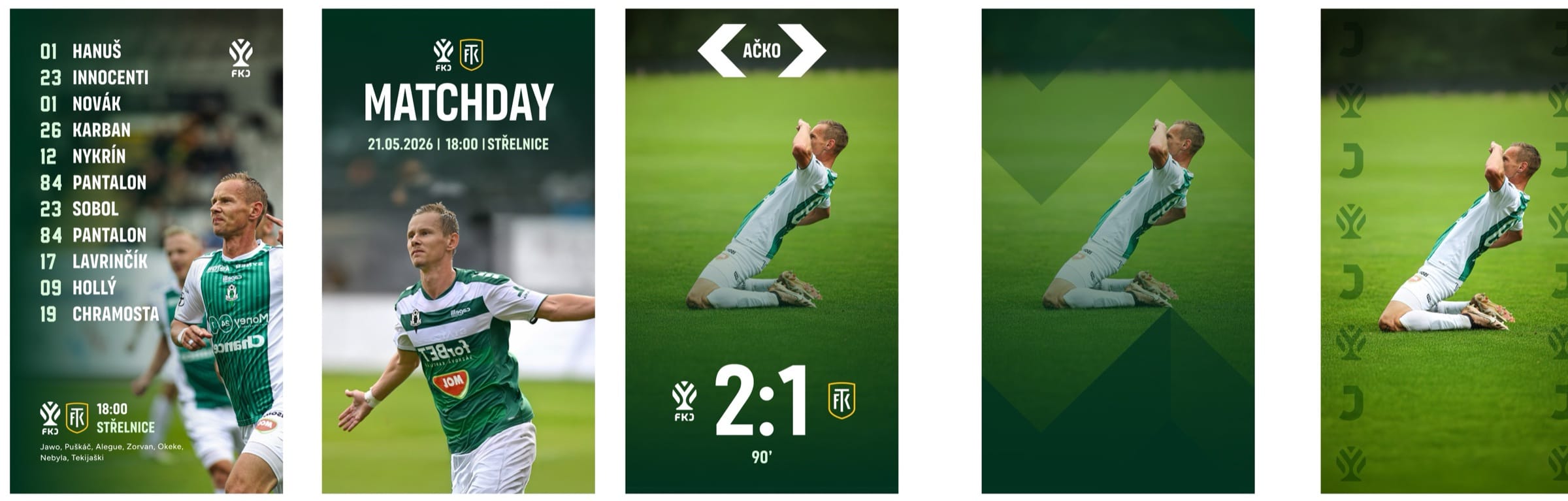 Five vertical matchday social templates: line-up, matchday announcement, final score and two celebration layouts.