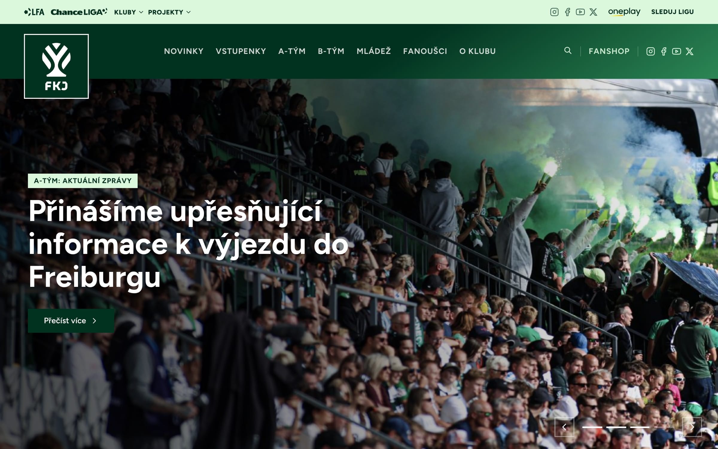 The FK Jablonec homepage: the apple-tree FKJ logo, navigation and a lead story over a photo of fans with green flares.