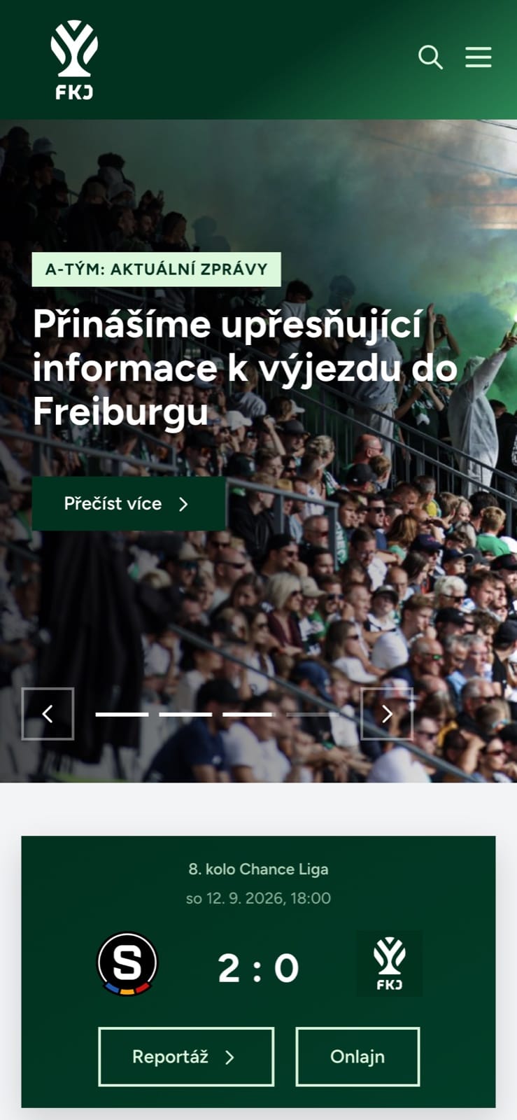 The mobile homepage with a lead story over a fan photo and the latest result card below.