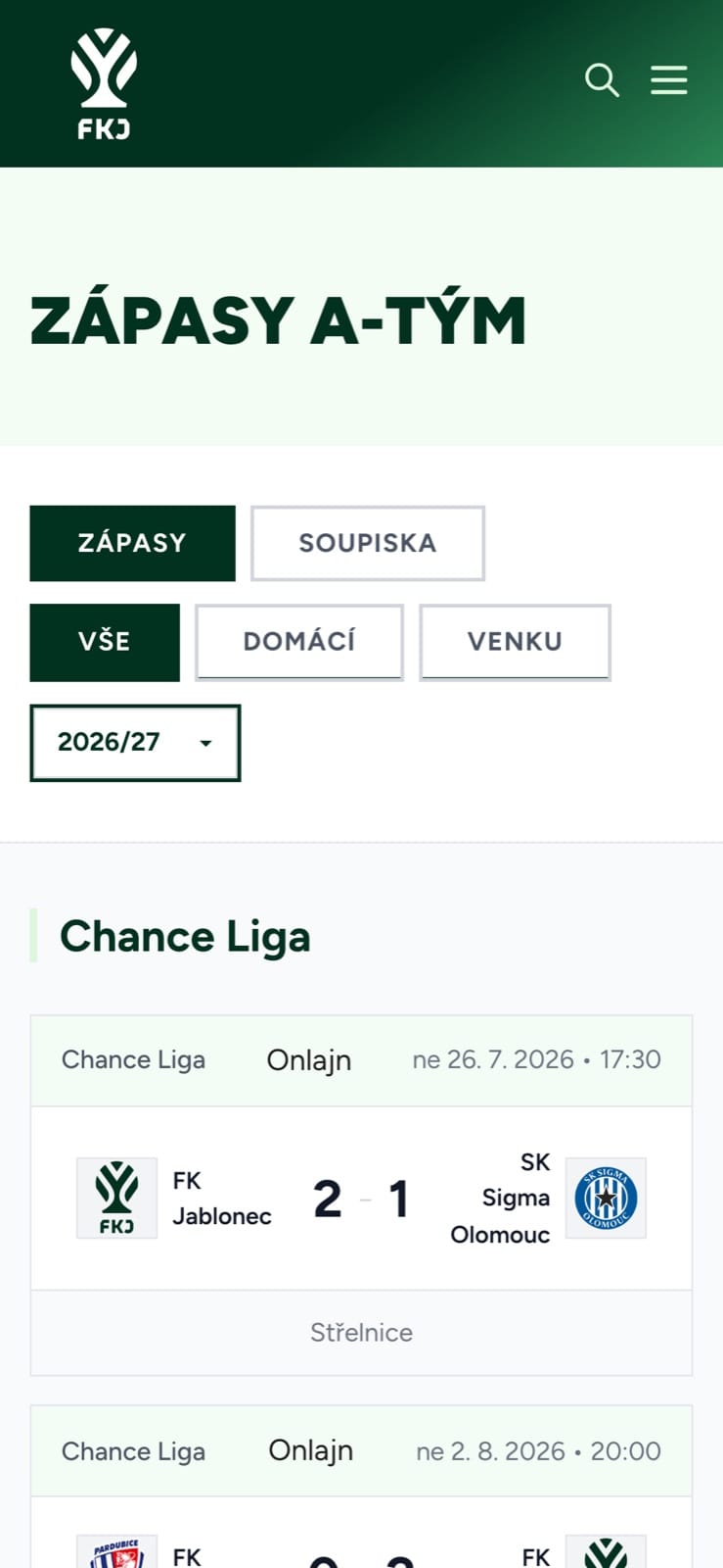 The mobile matches page with all, home and away filters, a season selector and a result card.