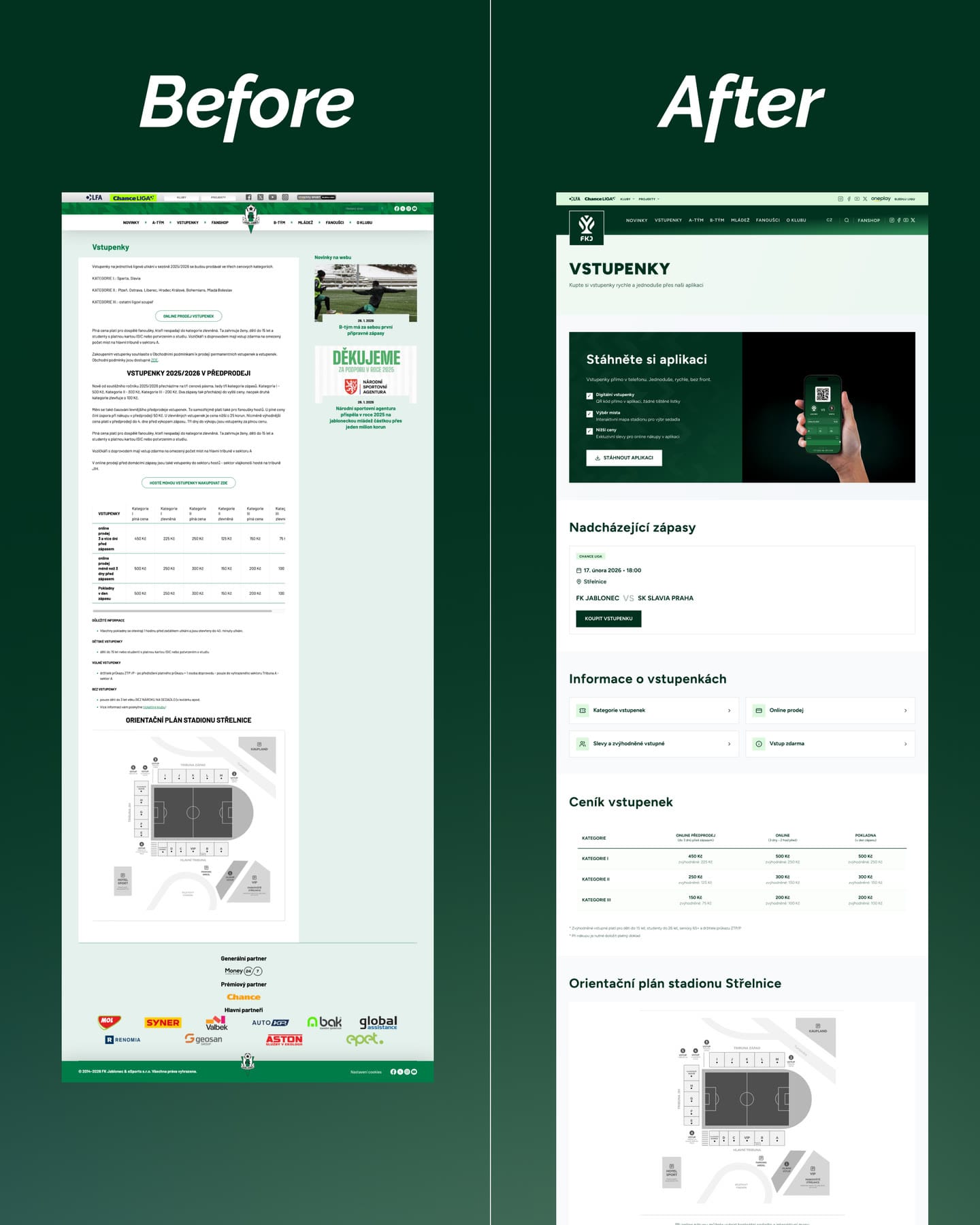 Before and after of the club’s ticket page: a crowded old page on the left, the new green page with app promotion, matches, prices and a stadium plan on the right.