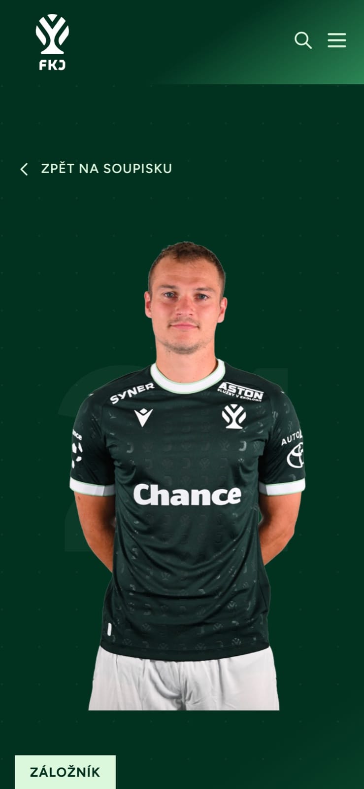 A mobile player profile with a cut-out portrait in the green home shirt on a deep green background.