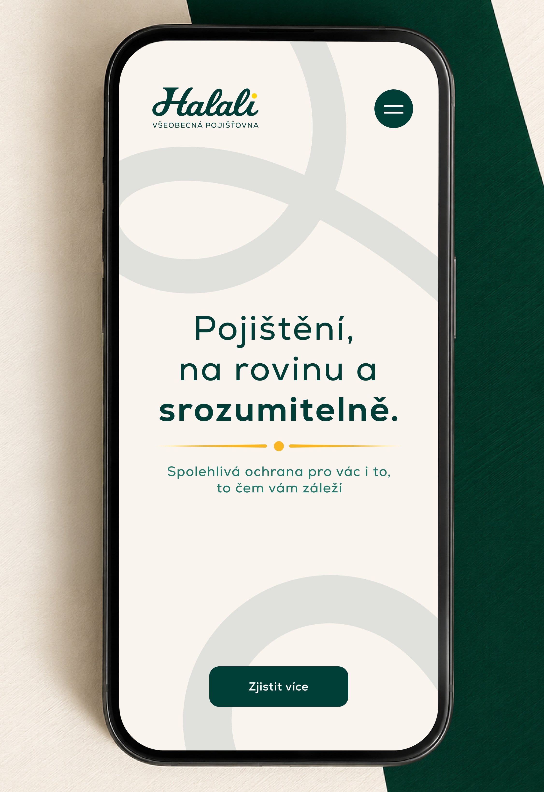 AI-assisted mockup: a phone showing the Halali mobile site with the headline “Pojištění, na rovinu a srozumitelně.”