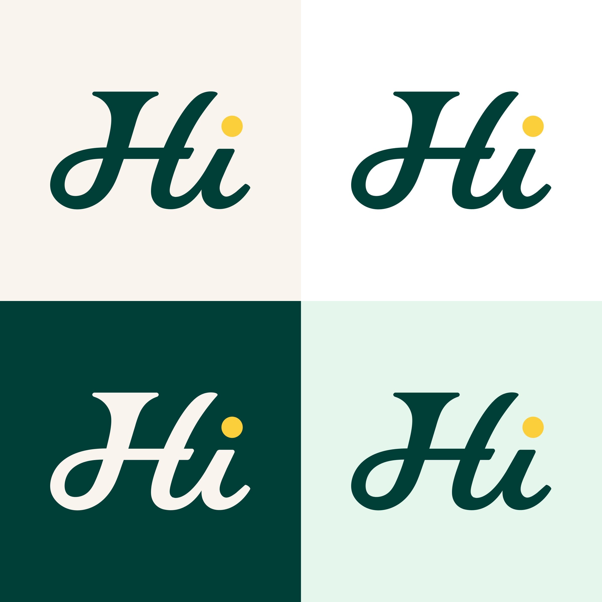 The Hi monogram with a yellow dot in four tiles: teal on champagne, teal on white, cream on Forest Teal, teal on Light Mint.