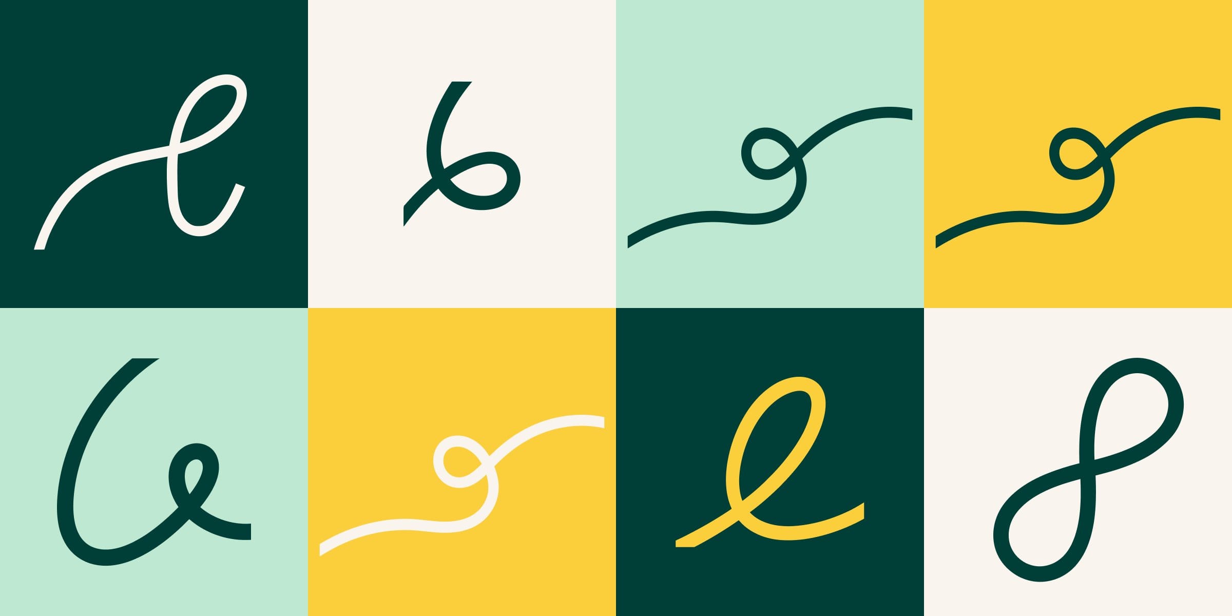 Eight tiles of looping script strokes in teal, cream and yellow on Forest Teal, champagne, Light Mint and Warm Sunset.