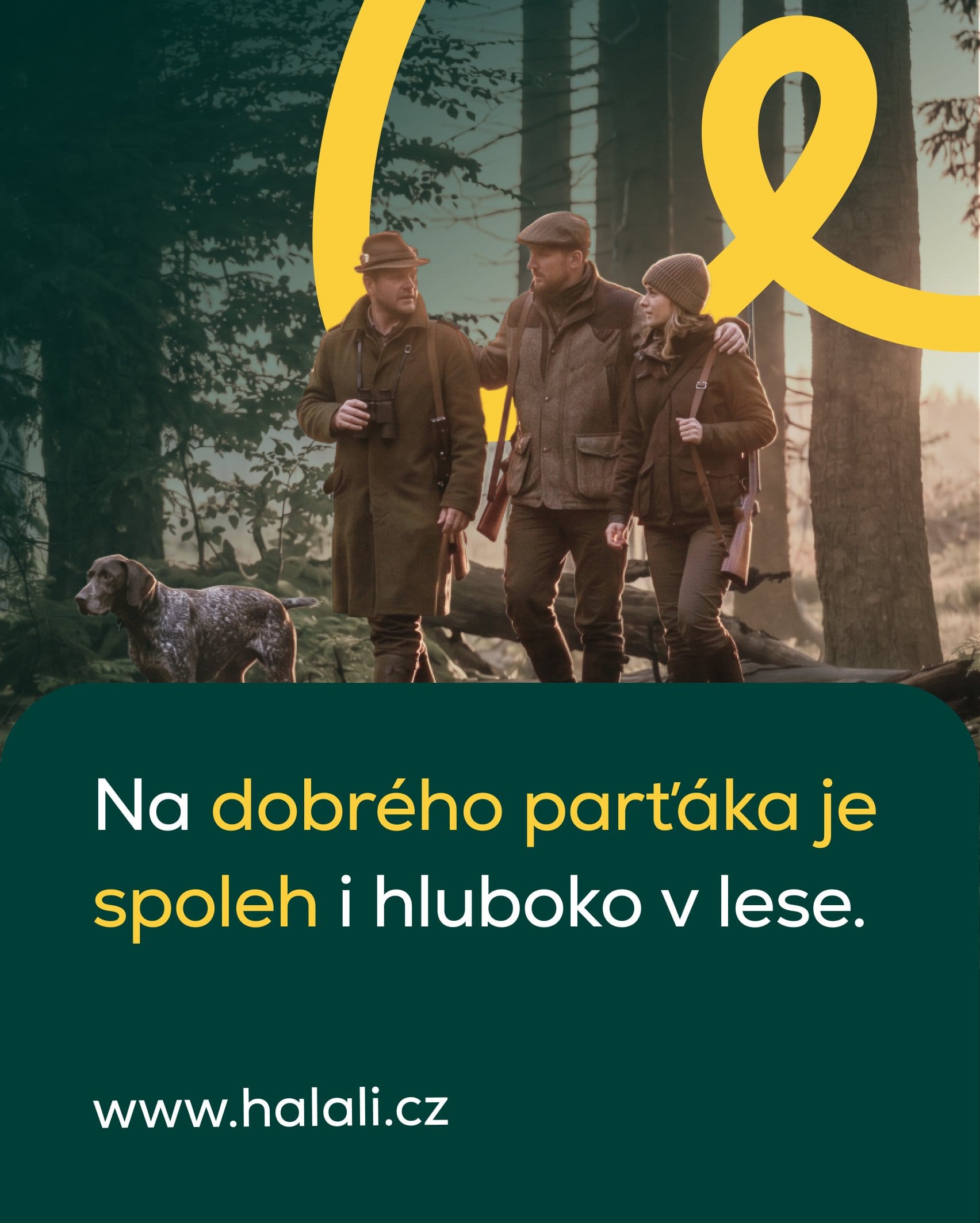 AI-assisted banner: three hunters and a pointer dog in a forest, above “Na dobrého parťáka je spoleh i hluboko v lese.”
