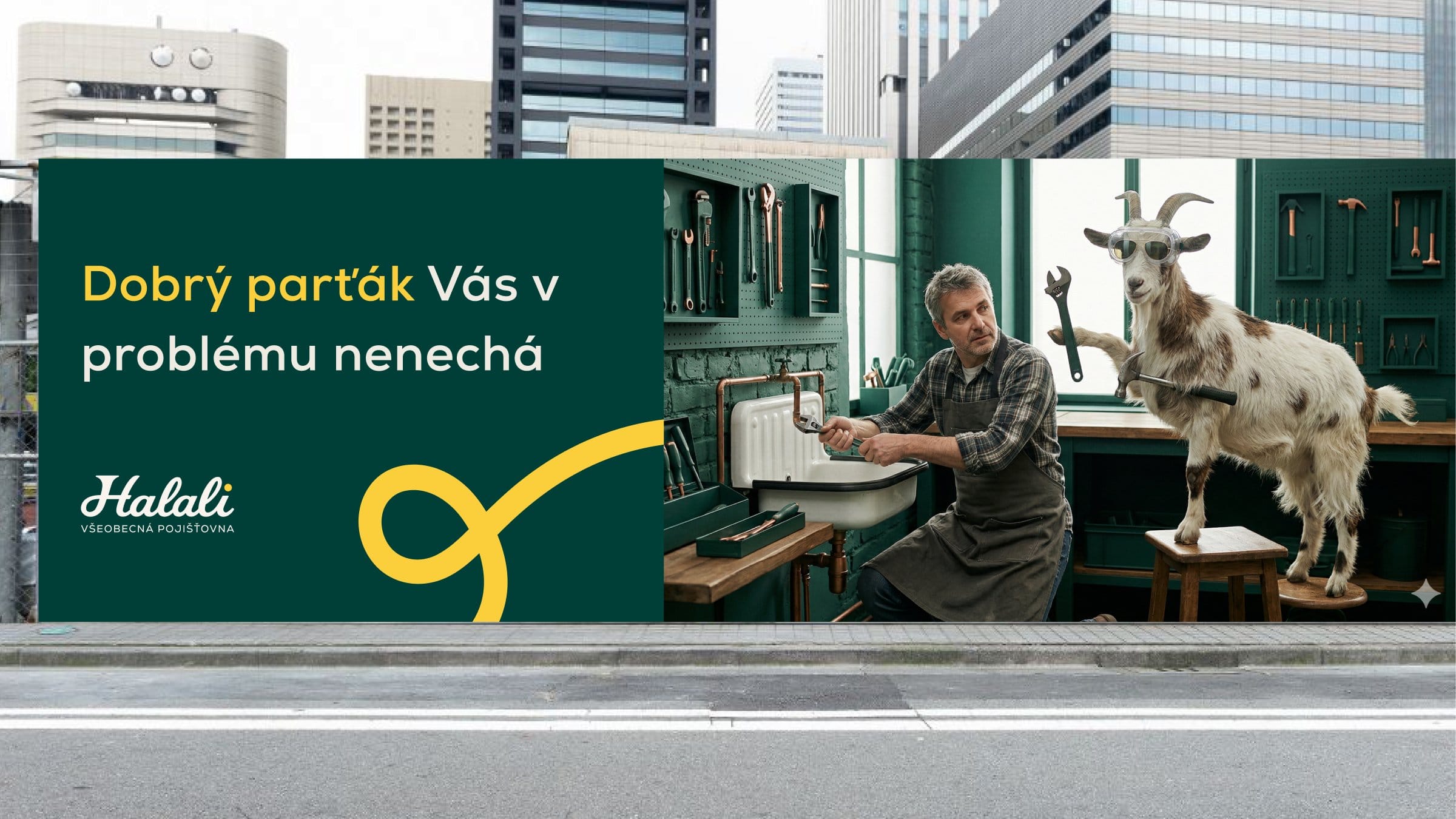 AI-assisted billboard: “Dobrý parťák Vás v problému nenechá”, the Halali logo, a plumber and a goat in safety glasses.