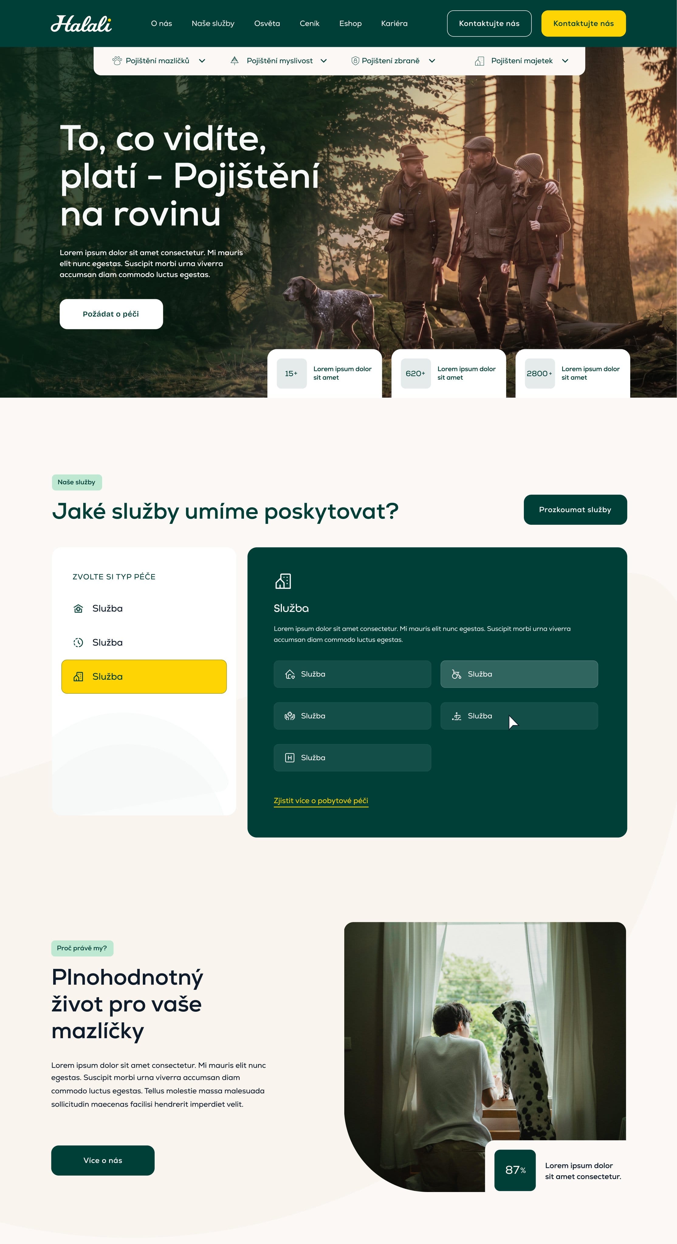 Halali homepage design with AI-assisted photography, top: hunters and a dog in a forest under “To, co vidíte, platí”.