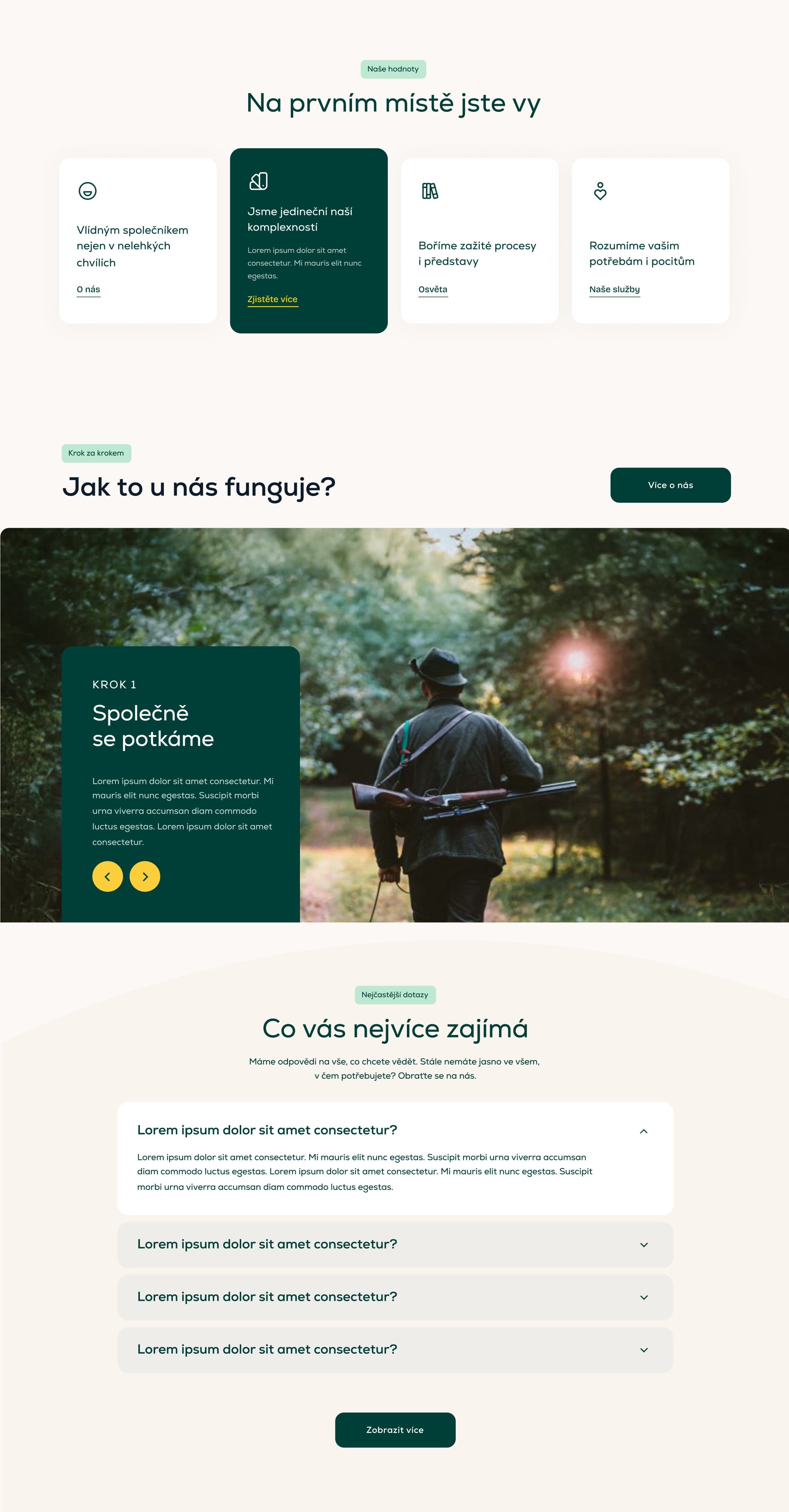 Halali homepage design, lower: value cards under “Na prvním místě jste vy”, a step-by-step slider and an FAQ.