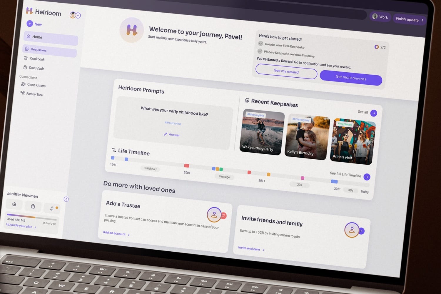 The Heirloom dashboard close up: a welcome for Pavel, a getting-started checklist with a reward, prompts and a life timeline.
