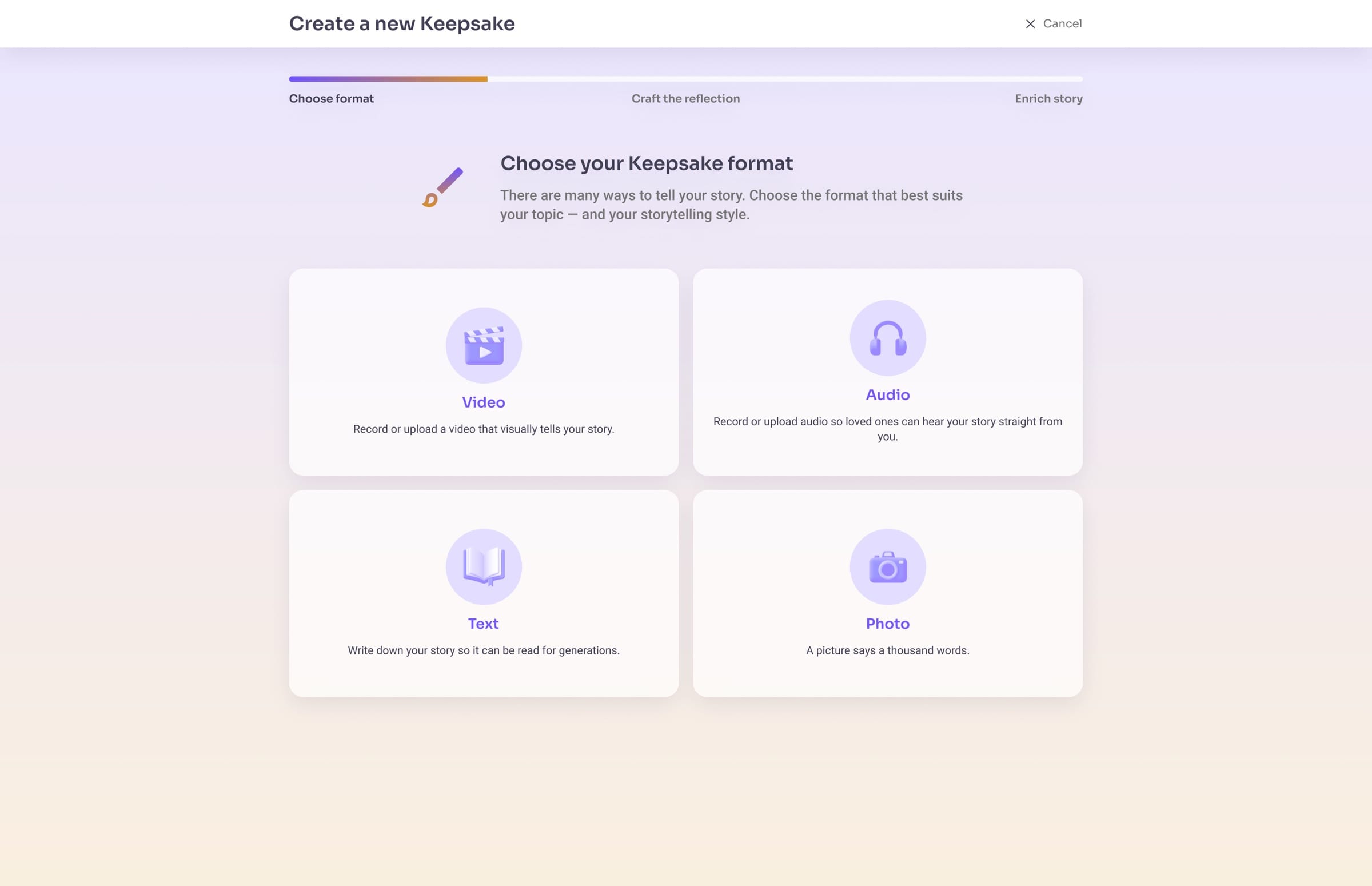 The “Choose your Keepsake format” step on desktop: cards for Video, Audio, Text and Photo under a progress bar.