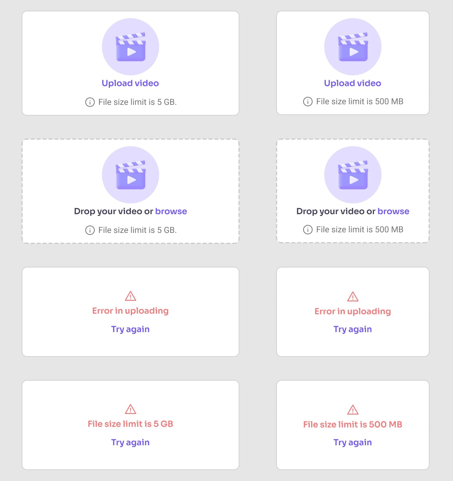 Upload box states on desktop and mobile: empty “Upload video”, “Drop your video or browse” on hover and “Error in uploading”.