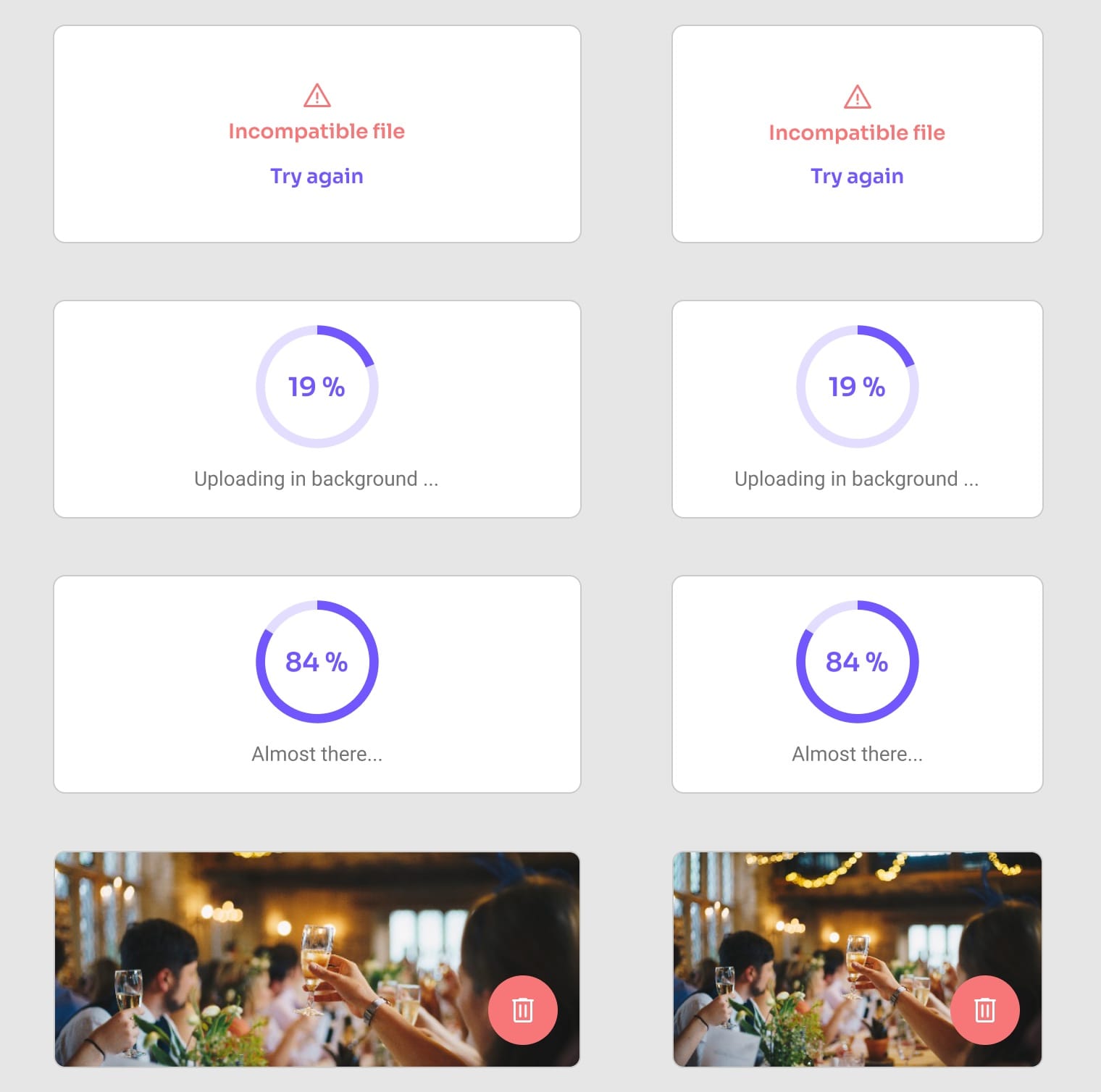 Upload box states on desktop and mobile: “Incompatible file”, progress at 19% and 84%, and an uploaded video.