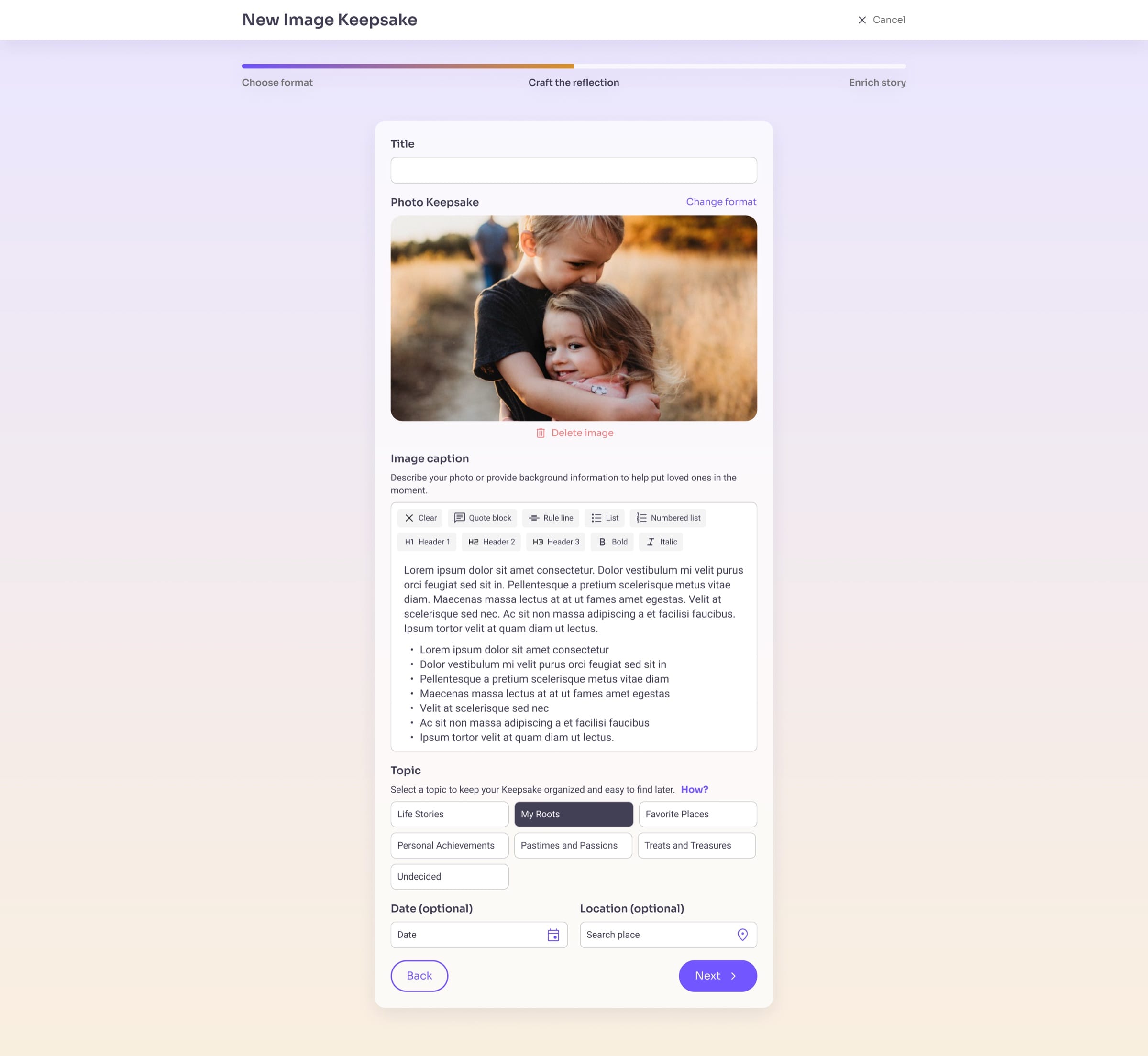 The same form after upload: the photo fills the box with a Delete image link below it, and the caption holds a written story.