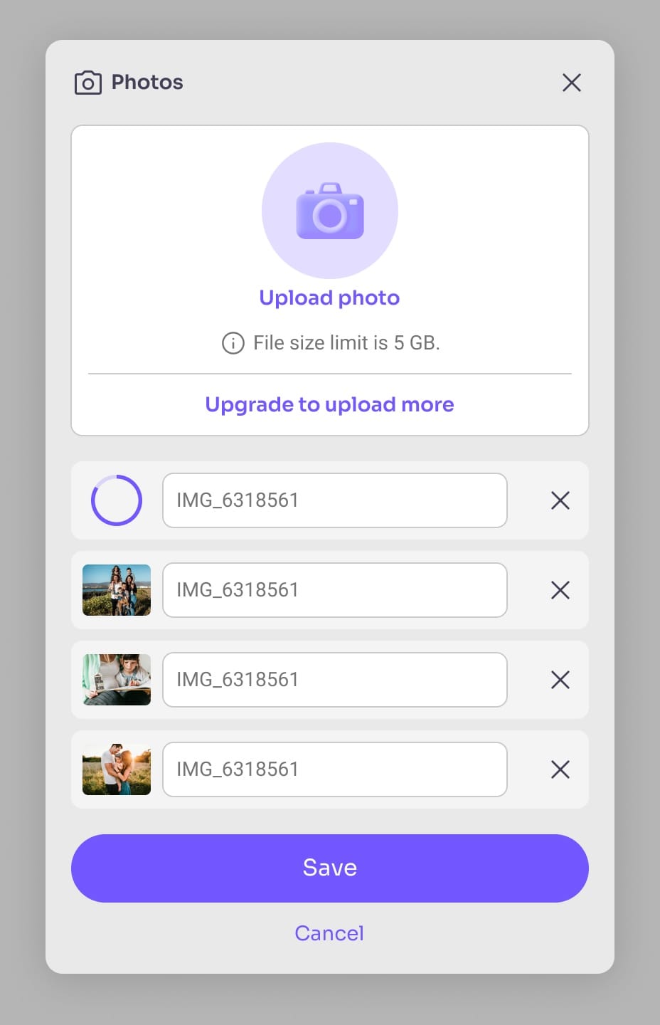 The Photos panel on desktop: an upload box above four photo rows, one still loading, each with a name field and delete cross.