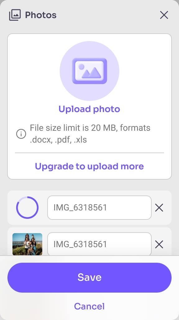 The Photos panel on a phone, scrolled: photo rows pass beneath a Save button and Cancel link that stay fixed at the bottom.