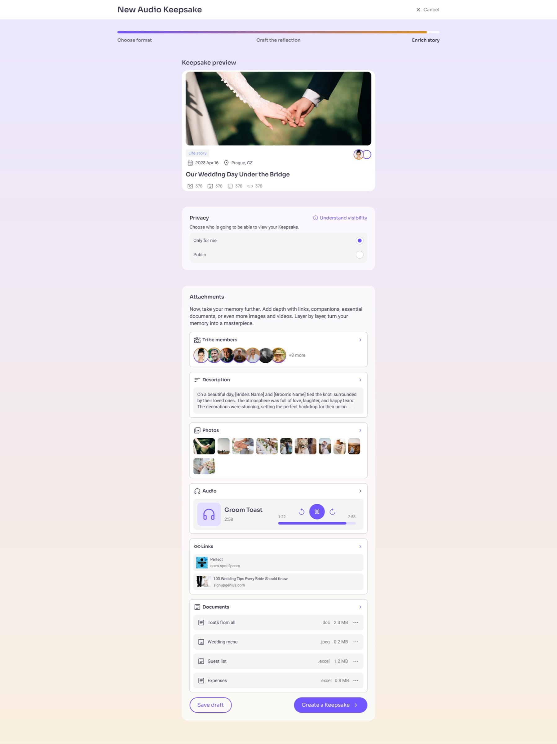 The final step of a demo keepsake: a preview card, privacy options and matching cards for photos, audio, links and documents.