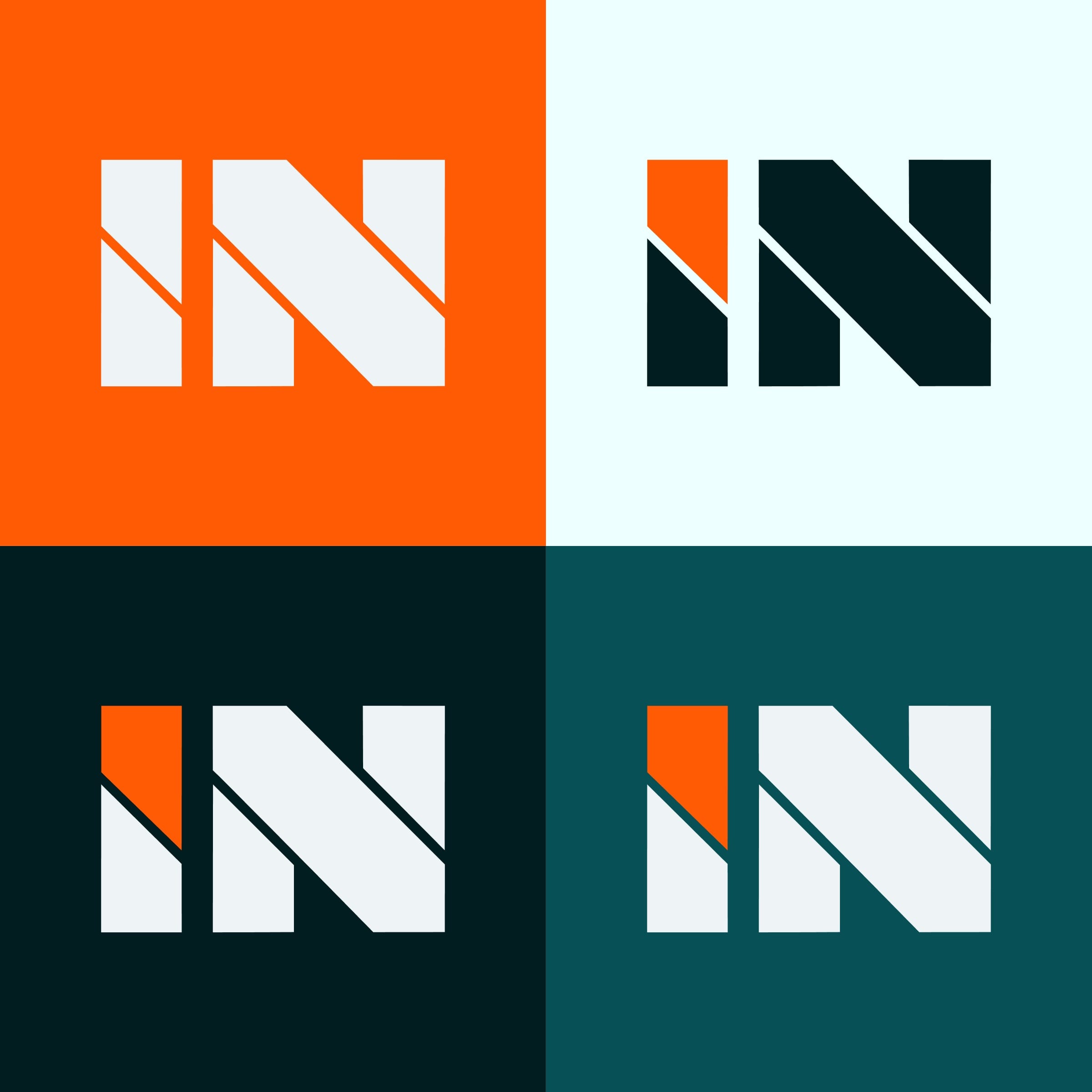 The IN symbol in four colourways: on ignition orange, on arctic mist, on dark obsidian and on deep harbor teal.