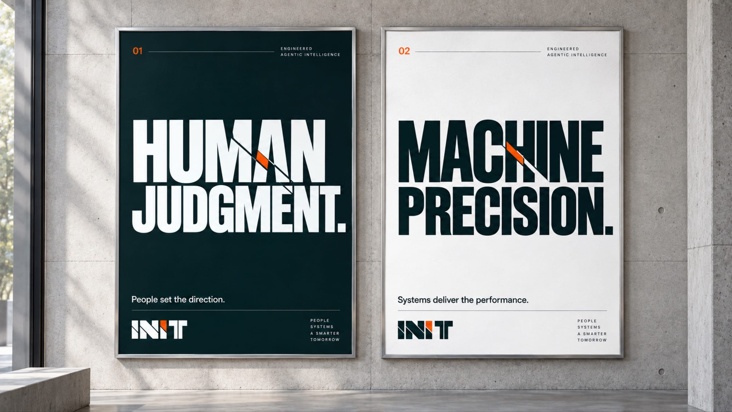 Two framed posters on concrete: Human Judgment on obsidian and Machine Precision on white, each split by an orange cut.
