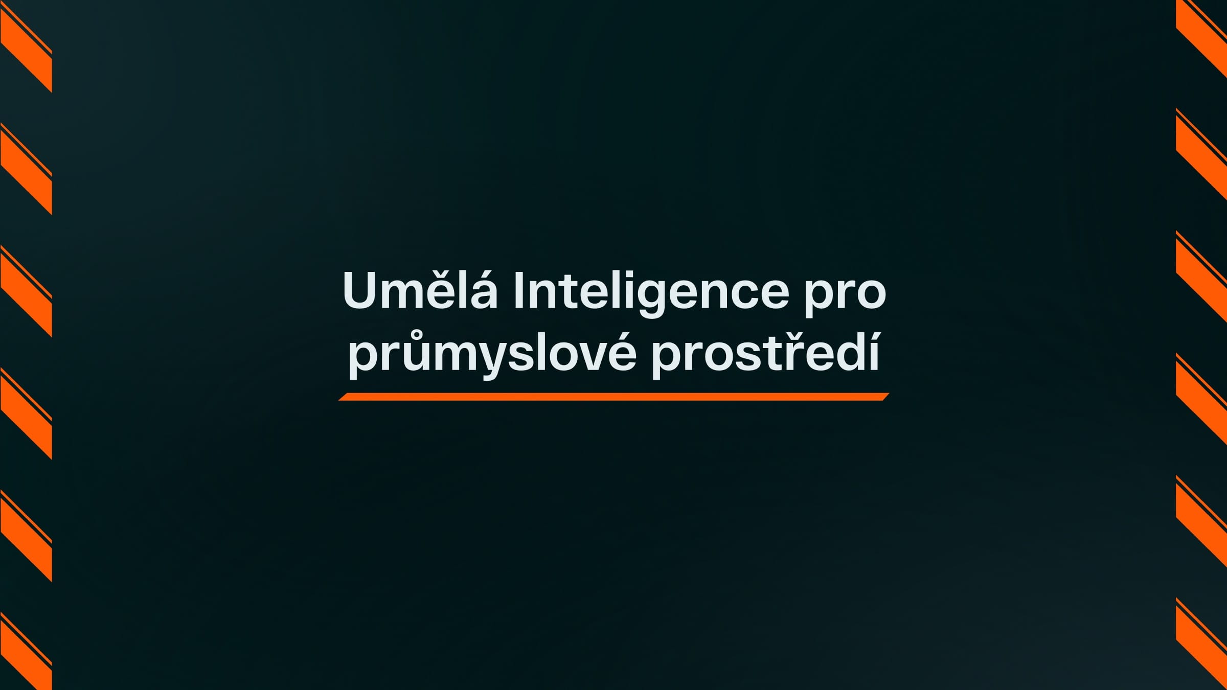 Presentation slide on obsidian with the Czech headline AI for industrial environments, between orange hazard stripes.