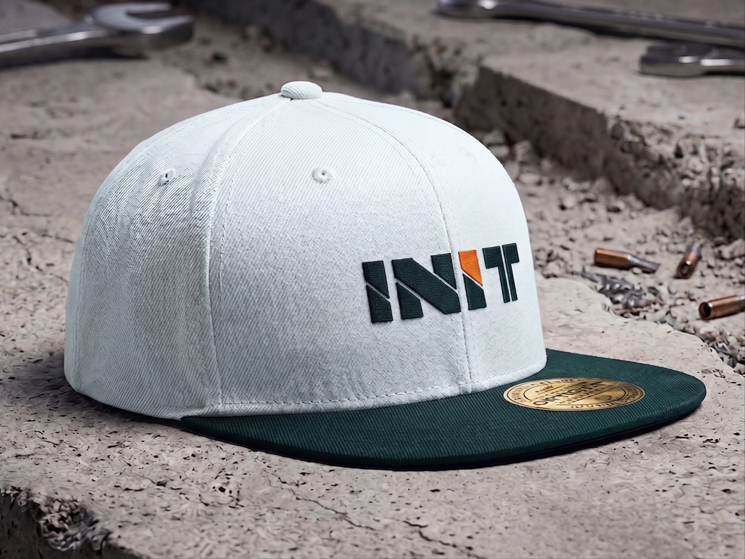 A white cap with a dark green brim embroidered with the INIT logotype, resting on rough concrete beside spanners.