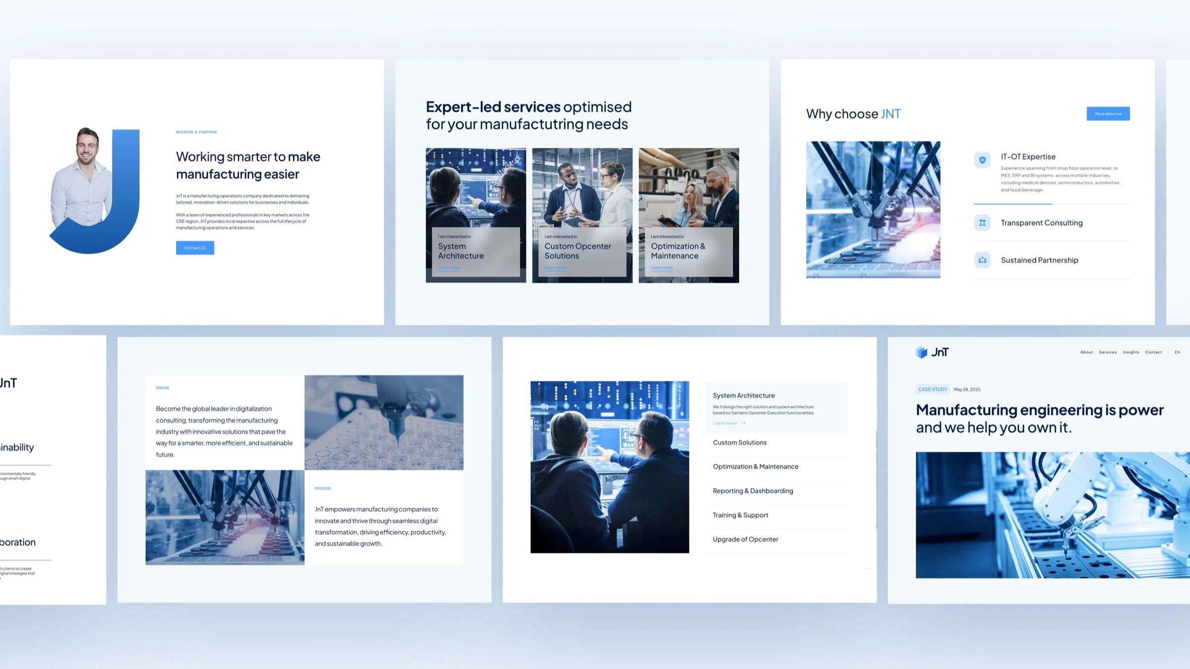 JNT Digital website components: service cards, a why-choose-JNT block, feature lists and image sections in blue and white.