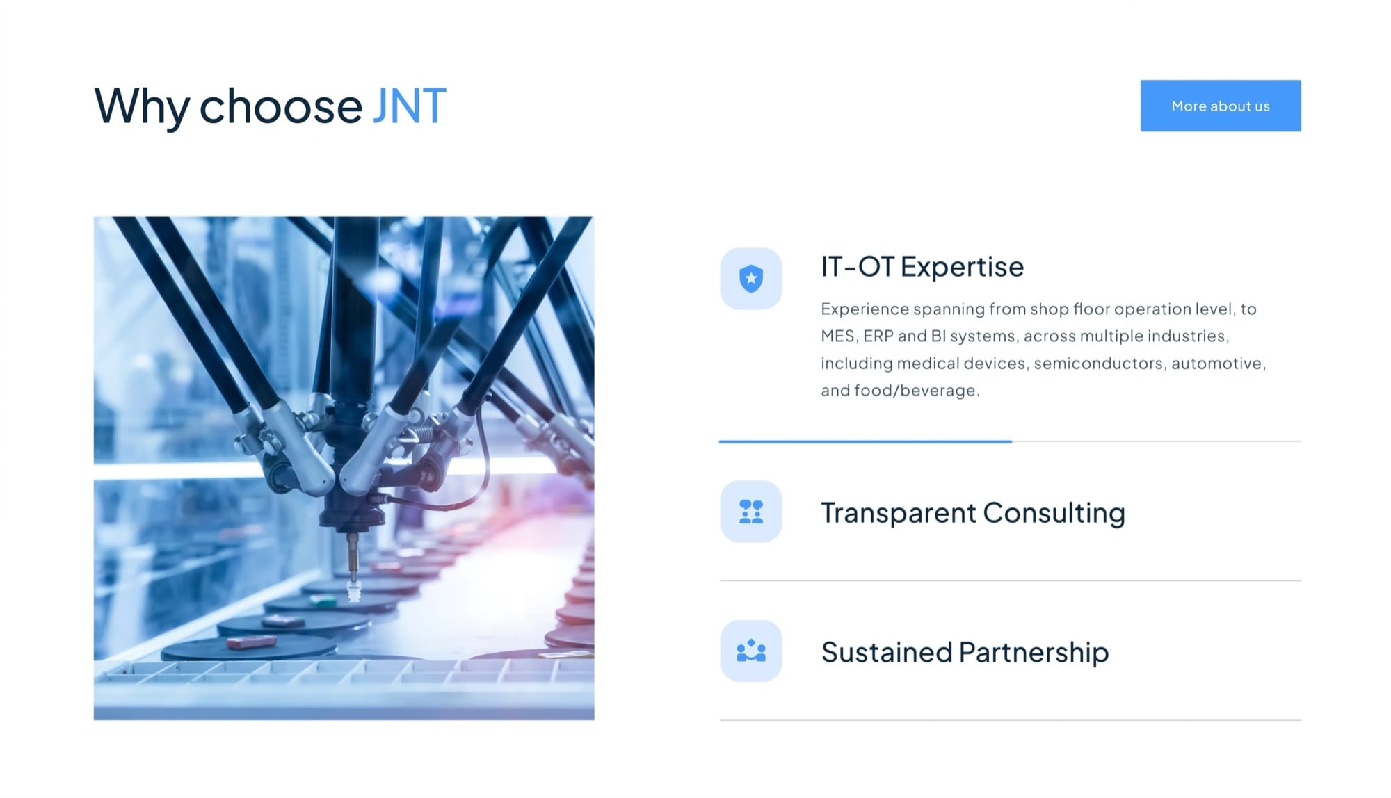 A “Why choose JNT” section: a robotics photo beside IT-OT expertise, transparent consulting and sustained partnership.