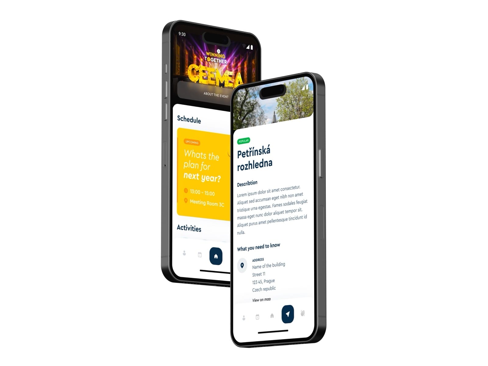 Two phones: the dashboard with the “Winning Together” conference visual, and a Prague place detail for Petřín Lookout Tower.