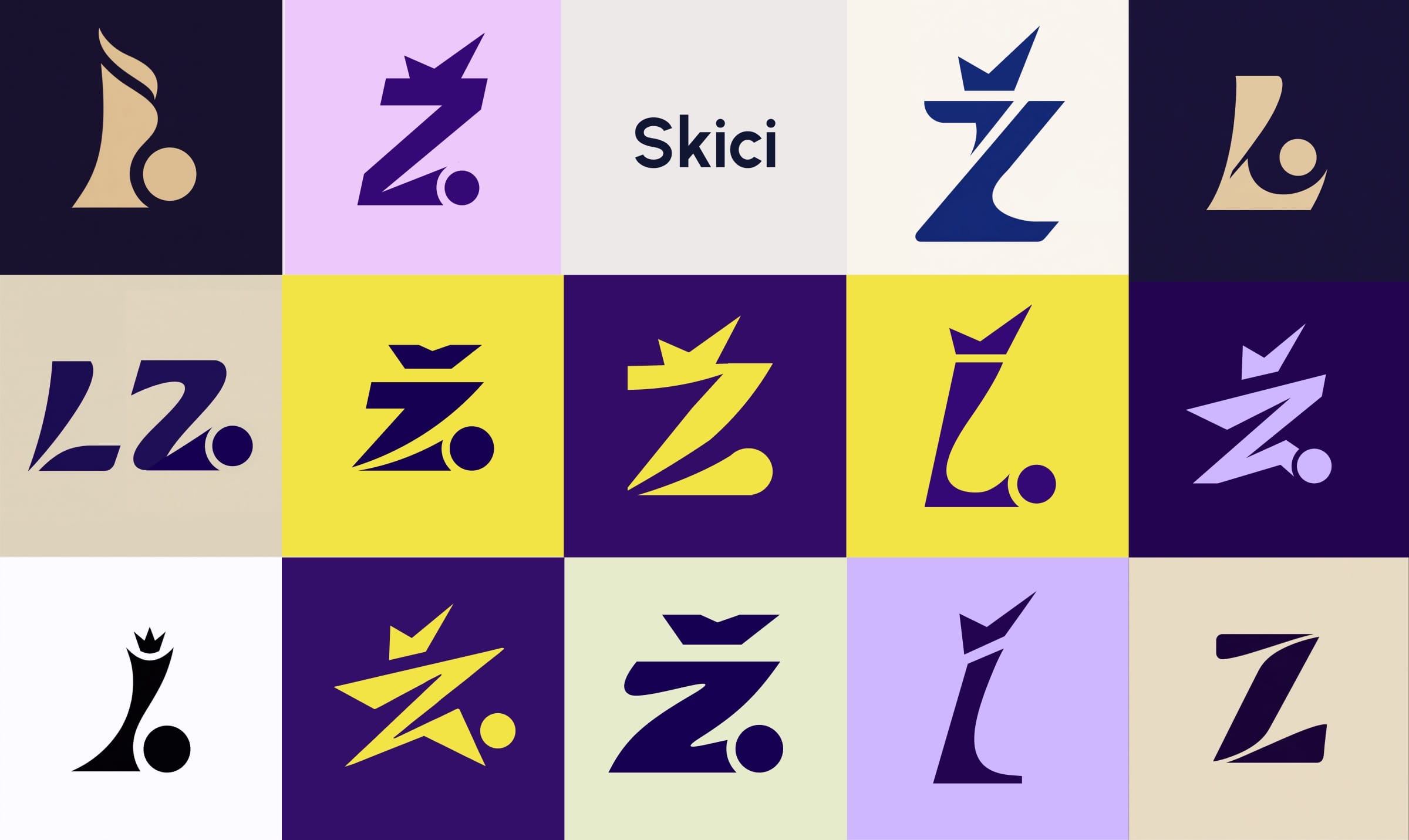 A grid of fourteen Ž and L sketches in purple, yellow, lilac and sand, some with a ball, some with a crown.