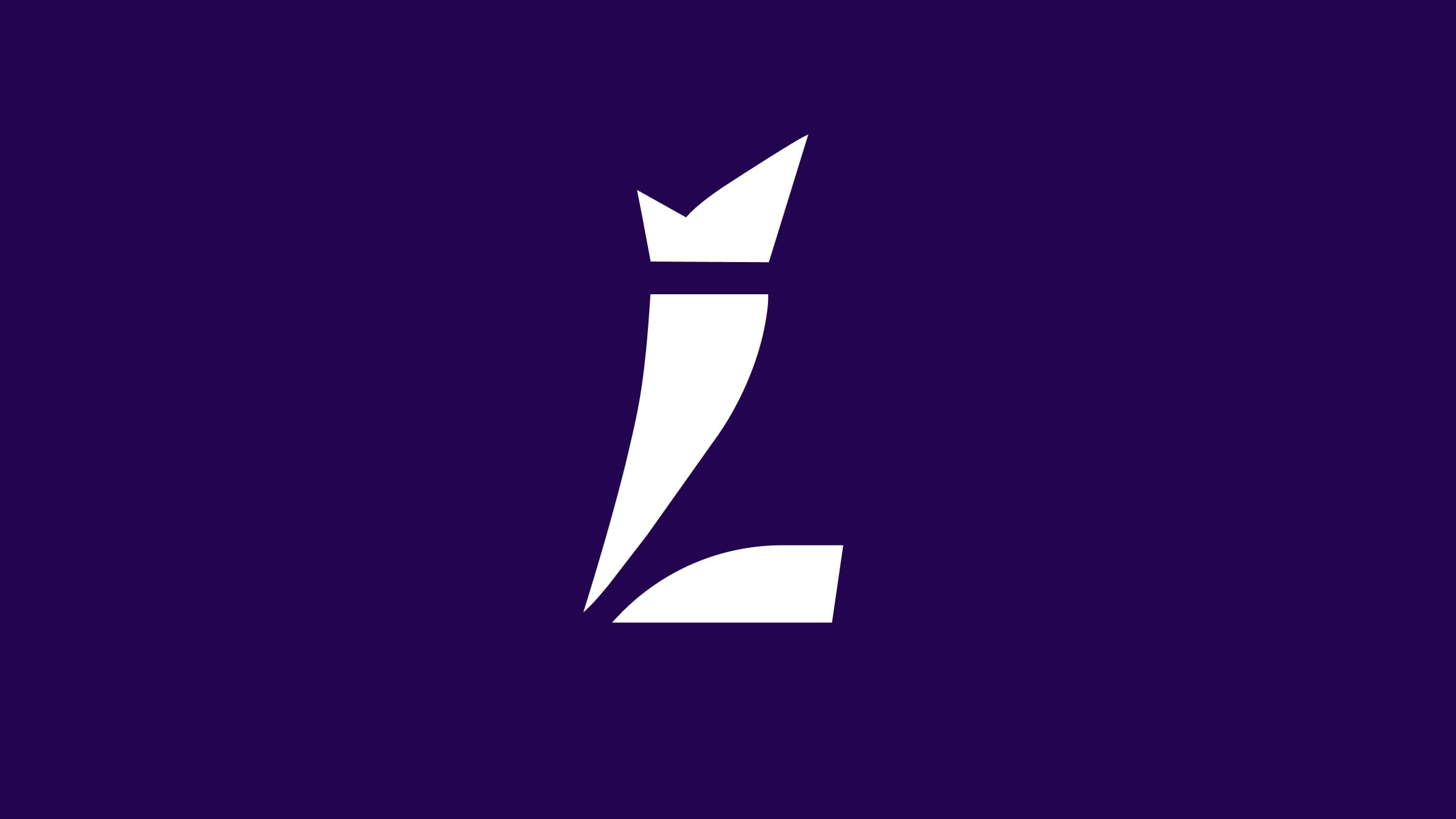 The symbol in white on deep purple: a sliced italic L with a crown at its top.