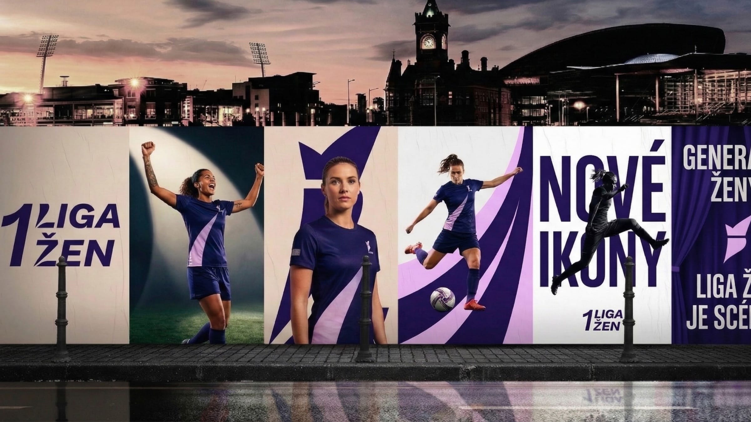 AI-assisted outdoor wall at dusk: purple, lilac and cream posters with 1 Liga Žen, players and Nové ikony.