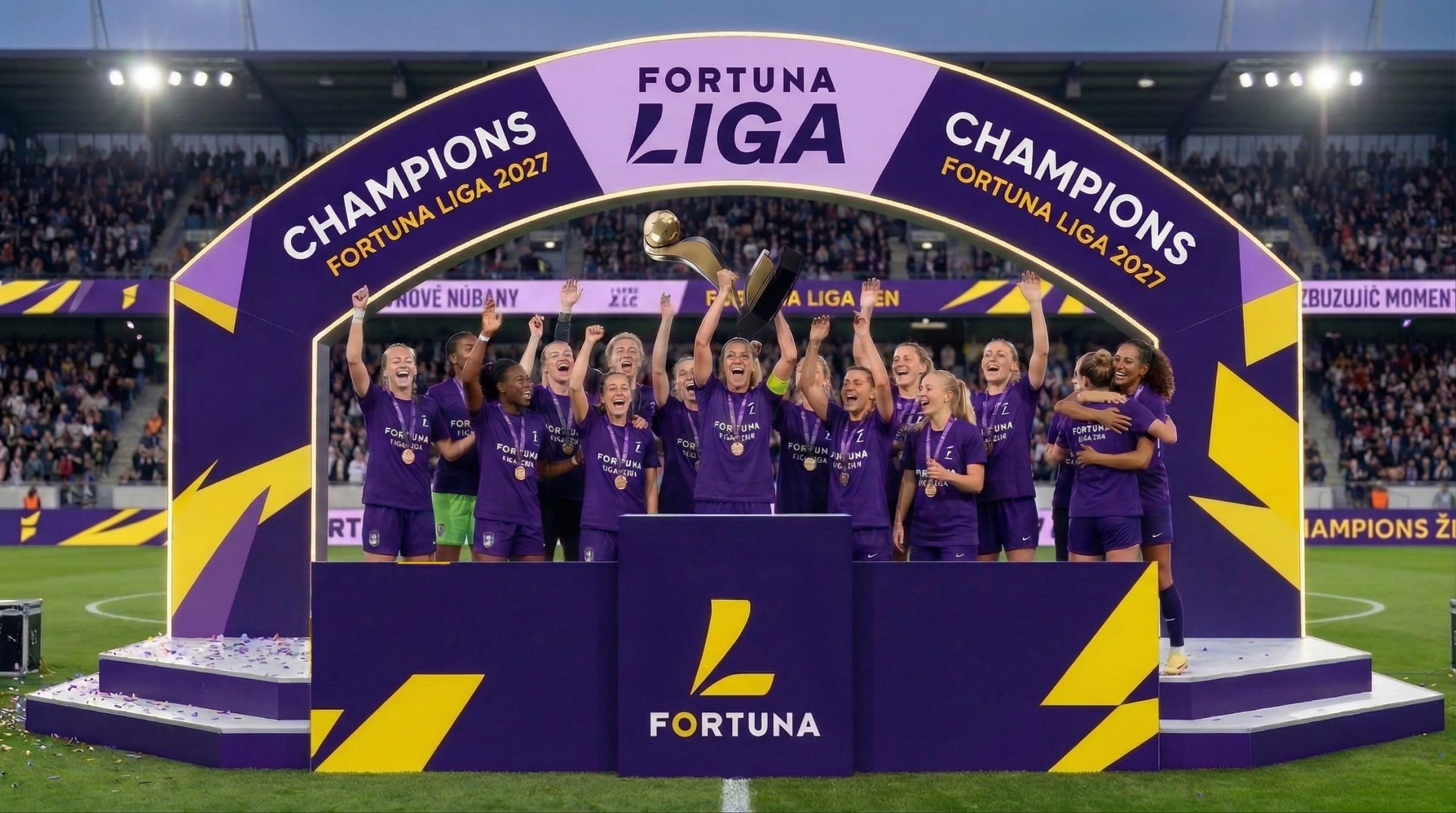 AI-assisted visual: a team in purple lifts the trophy beneath a purple and yellow champions’ arch and podium.