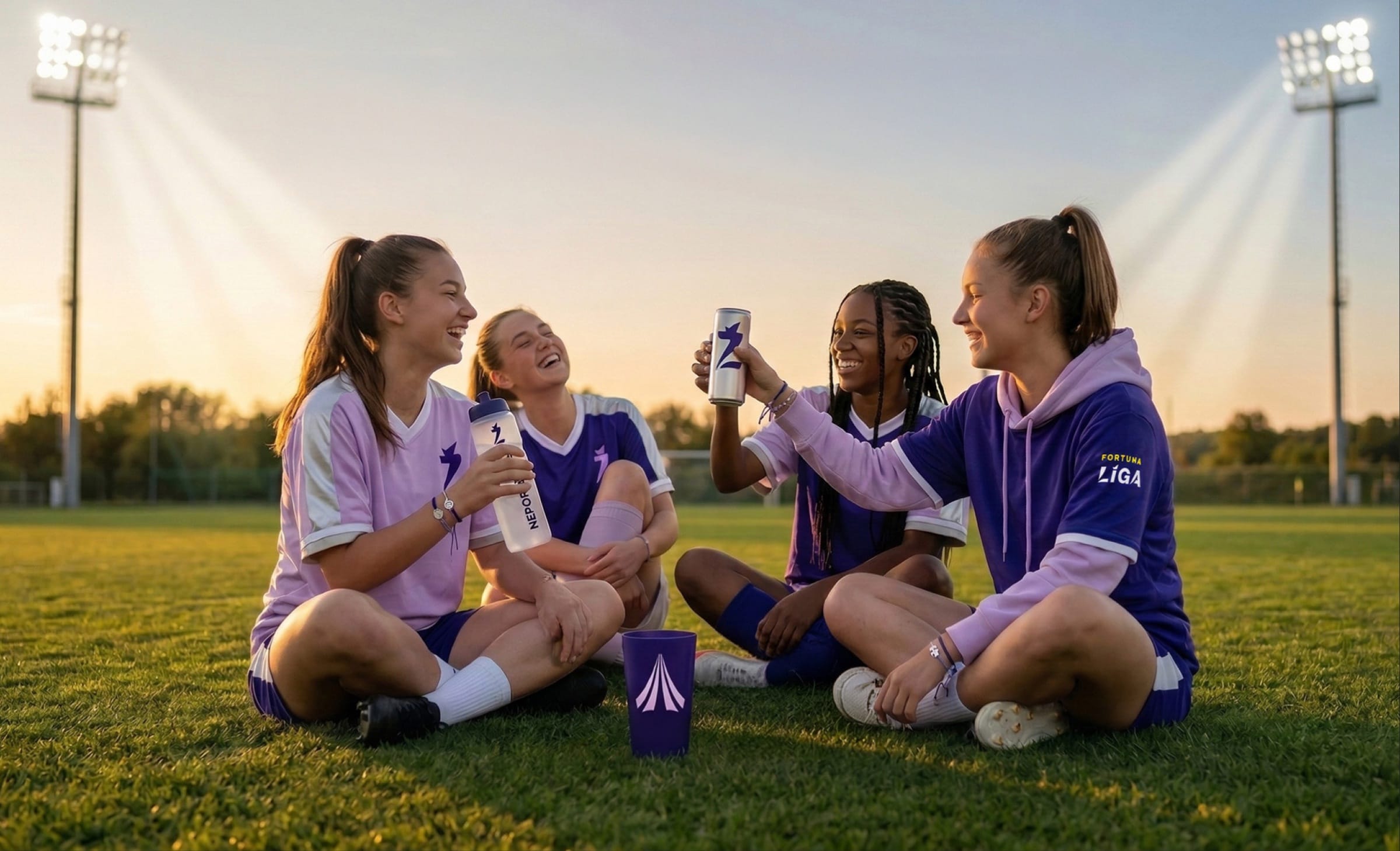 AI-assisted visual: four young players in league kits laugh together on the grass at sunset under stadium floodlights.