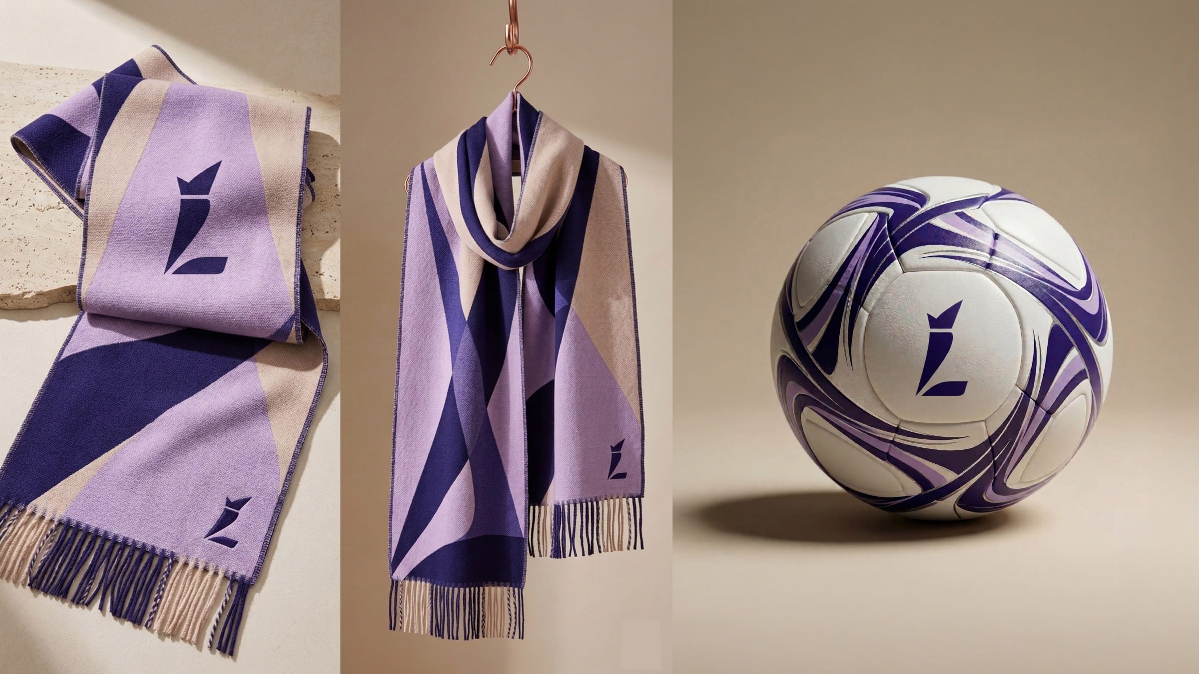 AI-assisted still life: two lilac and purple scarves with the symbol, and a white ball swirled with purple.