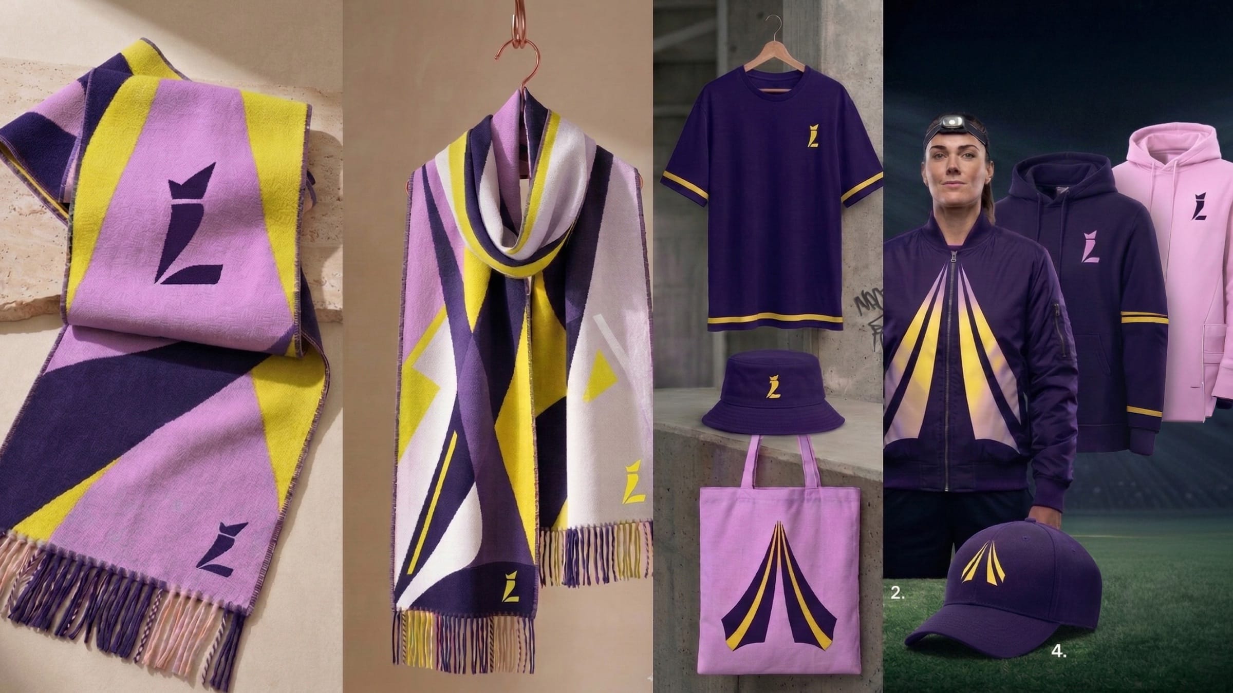 AI-assisted collection: scarves, a shirt, bucket hat and tote bag, a bomber jacket with yellow beams, hoodies and a cap.