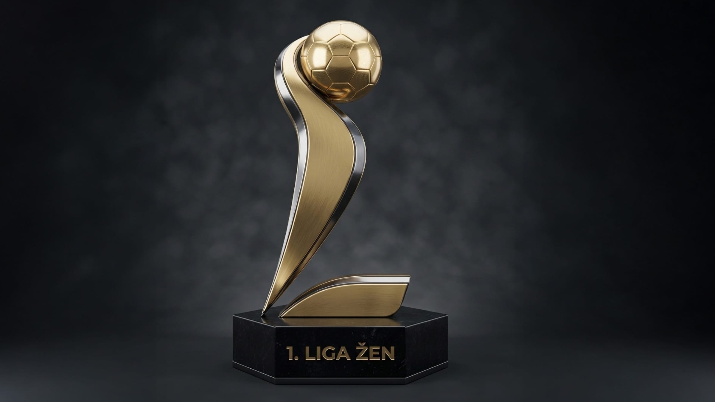 AI-assisted trophy: a gold ribbon rising into an L that holds a ball, on a base engraved 1. Liga žen.