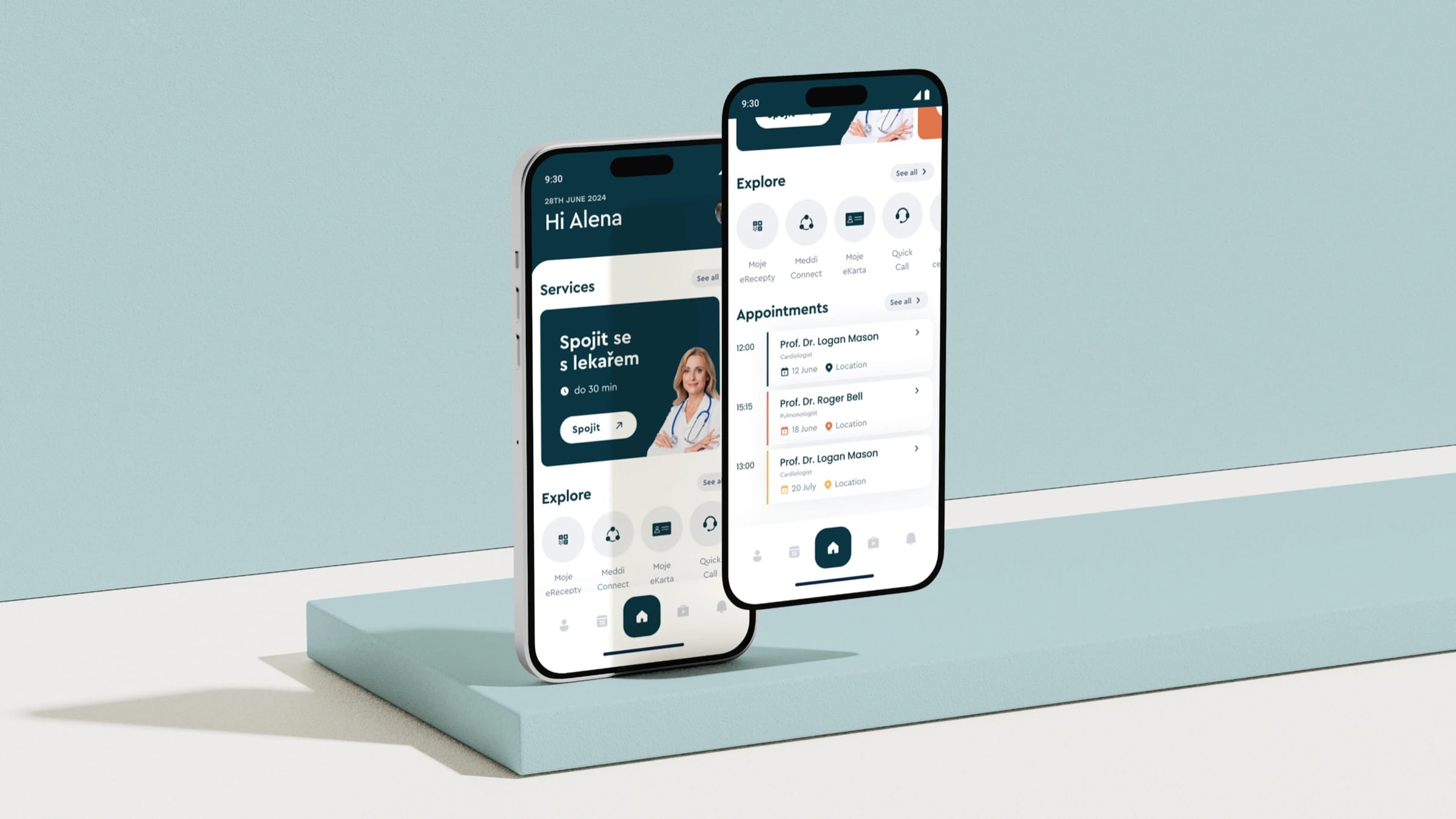 Two phones on a pale teal plinth showing the MEDDI app: a home screen with services and a doctor, and an appointments screen.