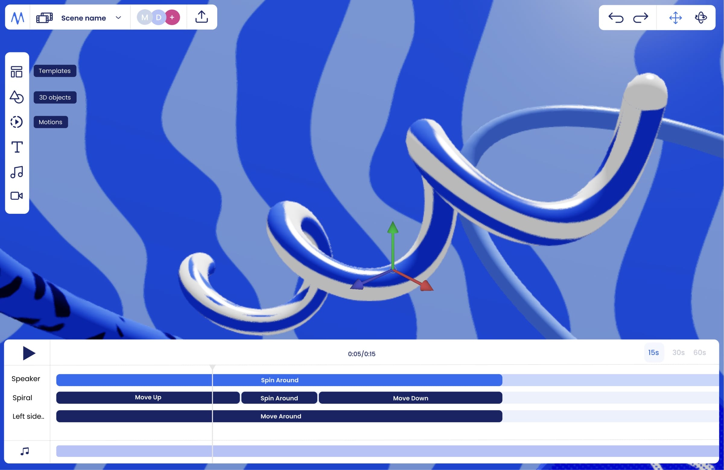 3D scene editor with a side toolbar for templates, 3D objects and motions, and a timeline below.