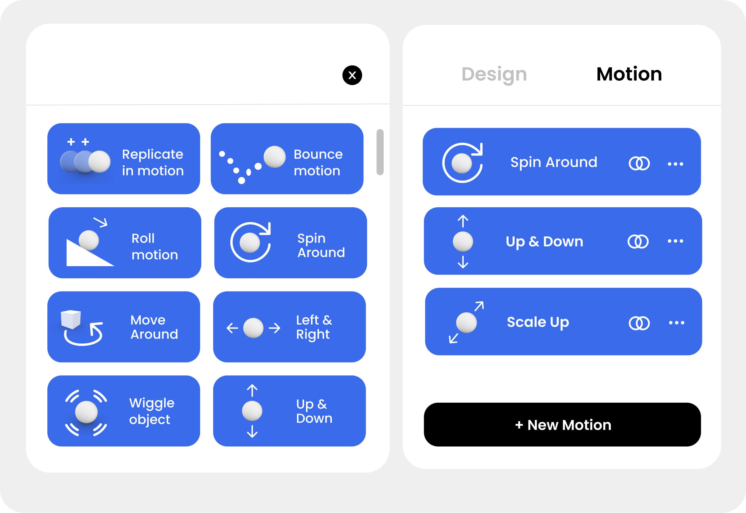 Motion library of preset motions with pictograms, beside a Motion panel listing the motions applied to an object.