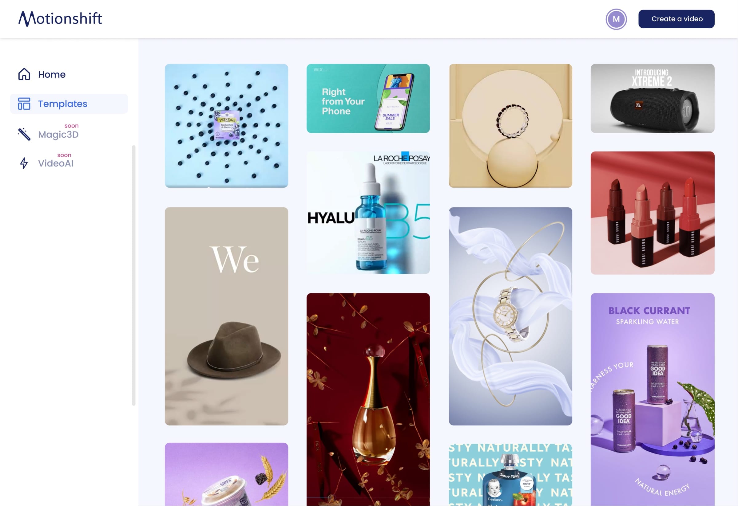 Motionshift template library: a Pinterest-like grid of video templates for cosmetics, jewellery, drinks and electronics.