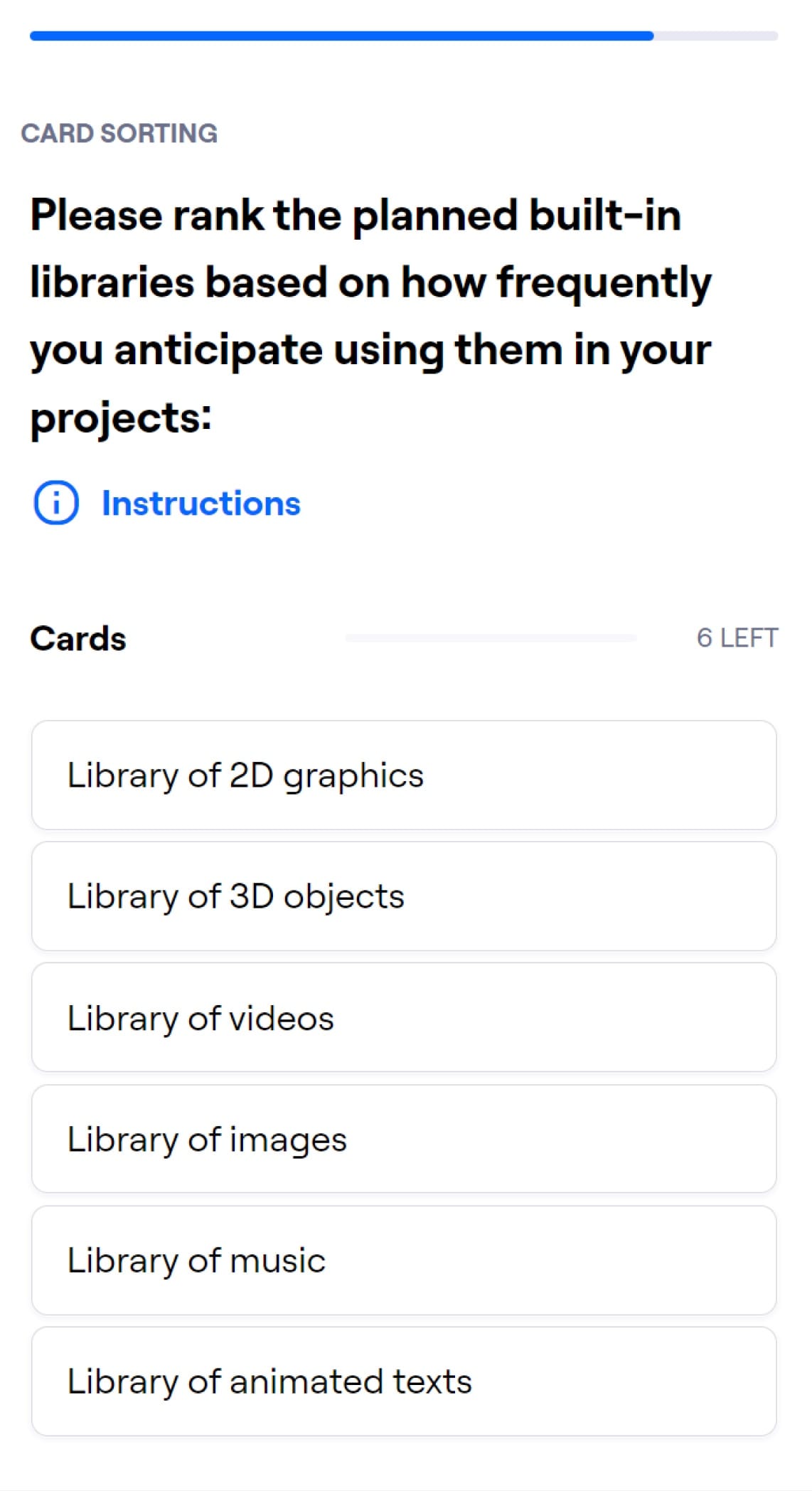 Maze card sorting task: rank the planned libraries of 2D graphics, 3D objects, videos, images, music and animated texts.