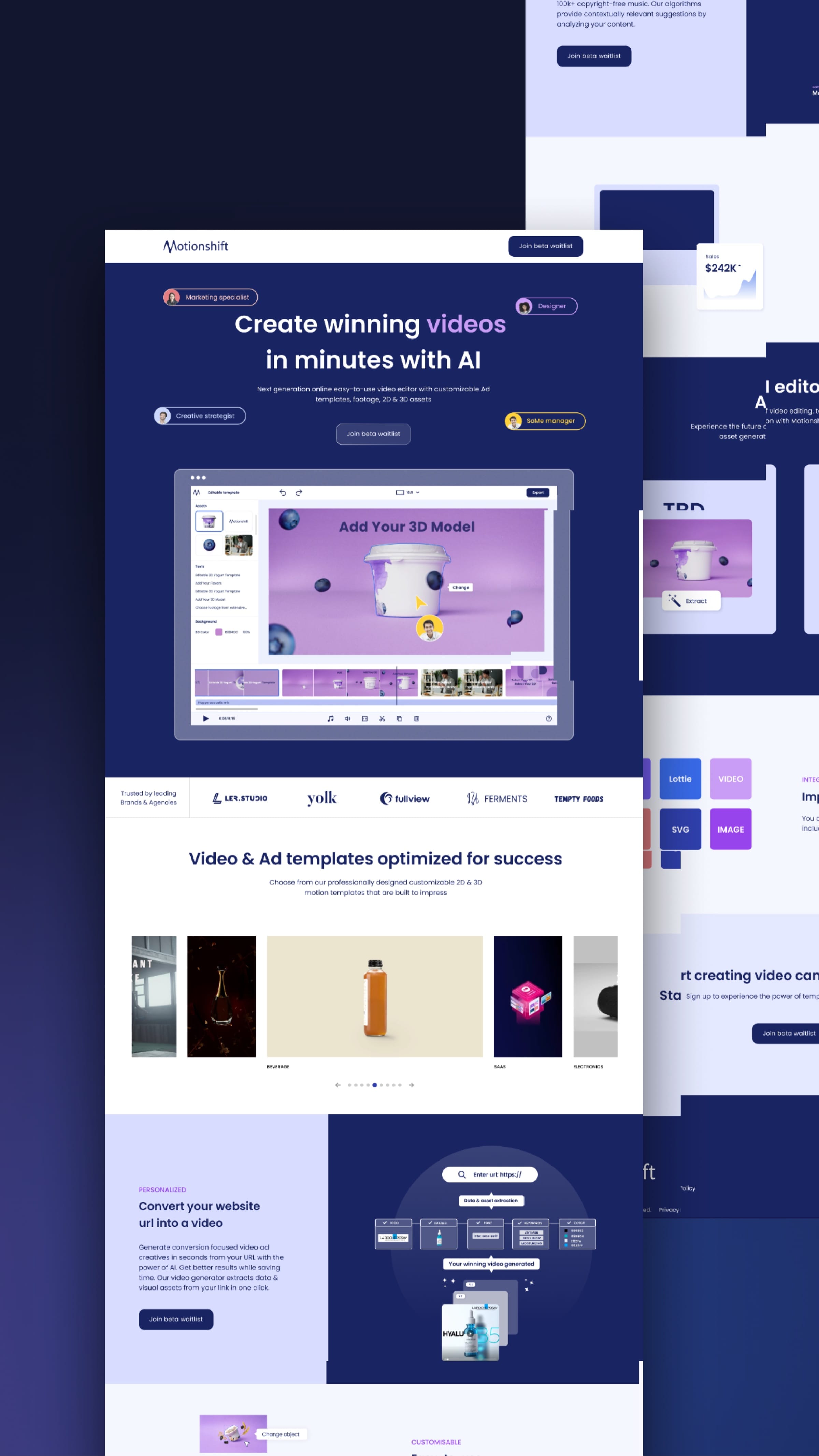 Motionshift website: hero “Create winning videos in minutes with AI” around the editor preview, over further pages.
