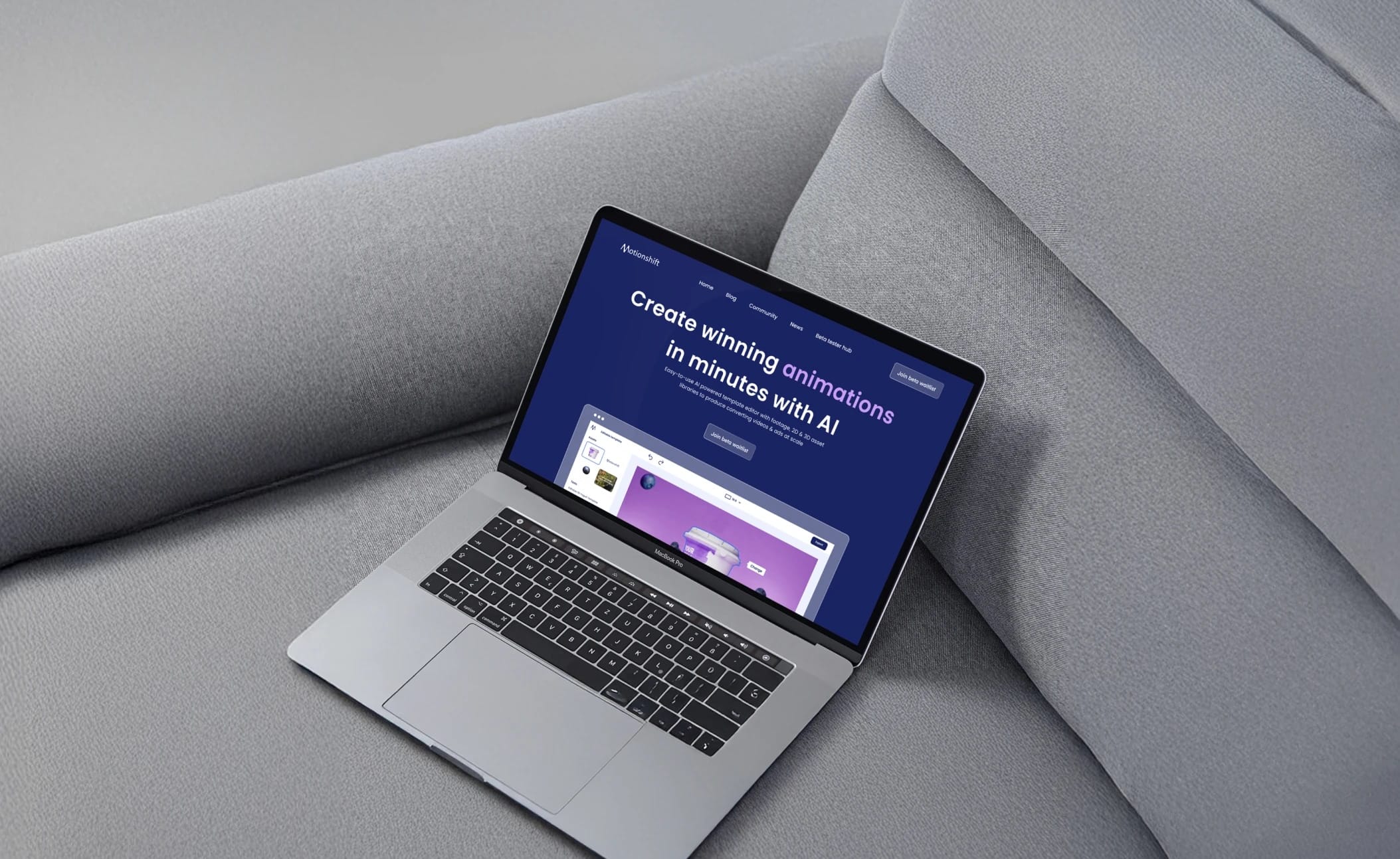 Laptop on a grey sofa showing the Motionshift website: “Create winning animations in minutes with AI”.