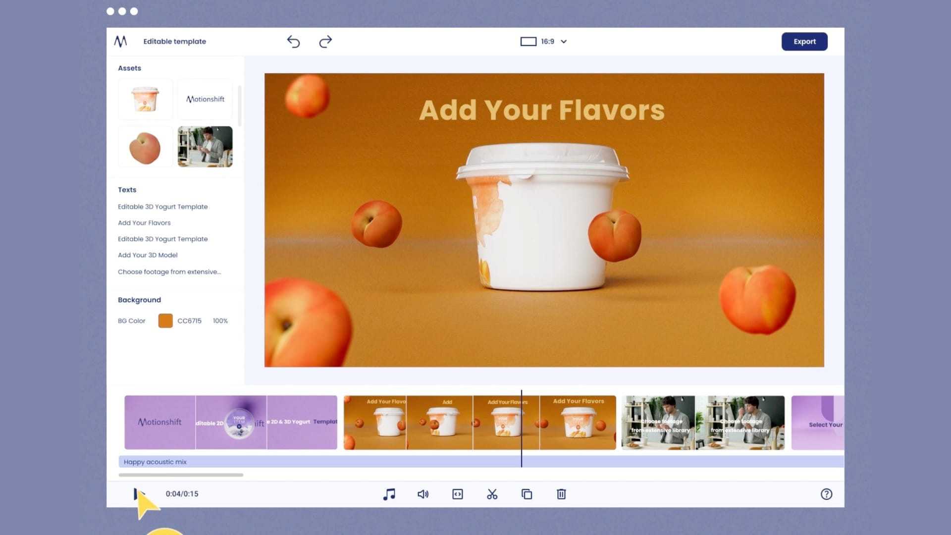 Motionshift template editor: a yogurt pot among apricots under “Add Your Flavors”, with assets, texts and a scene timeline.