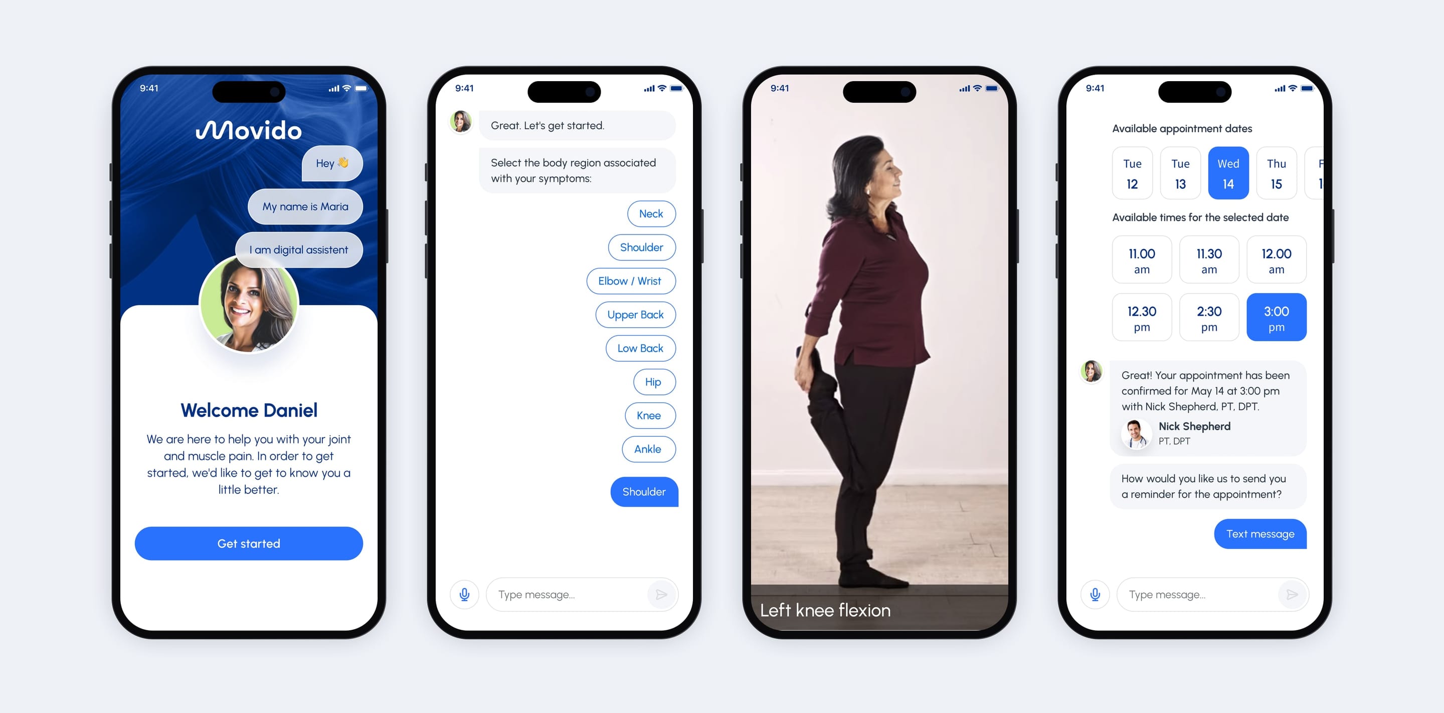 Four Movido phones: the assistant’s welcome, body-region chips, a knee flexion camera check and appointment slots.