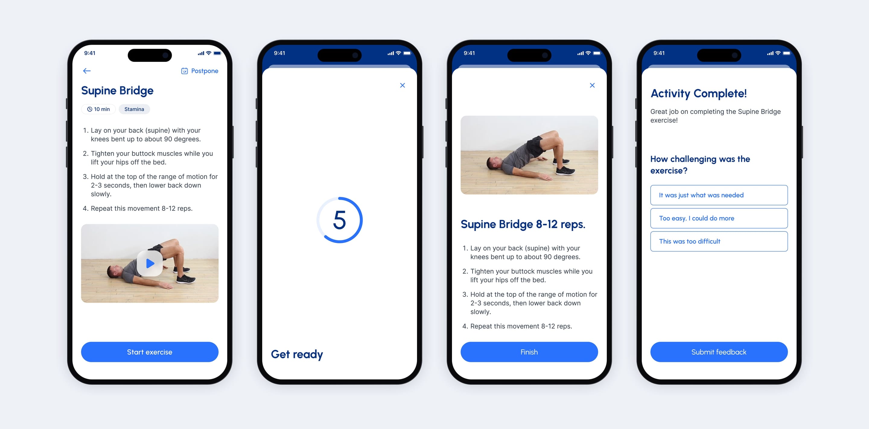 Four Movido phones: Supine Bridge instructions, a five-second countdown, the exercise, and the Activity Complete question.
