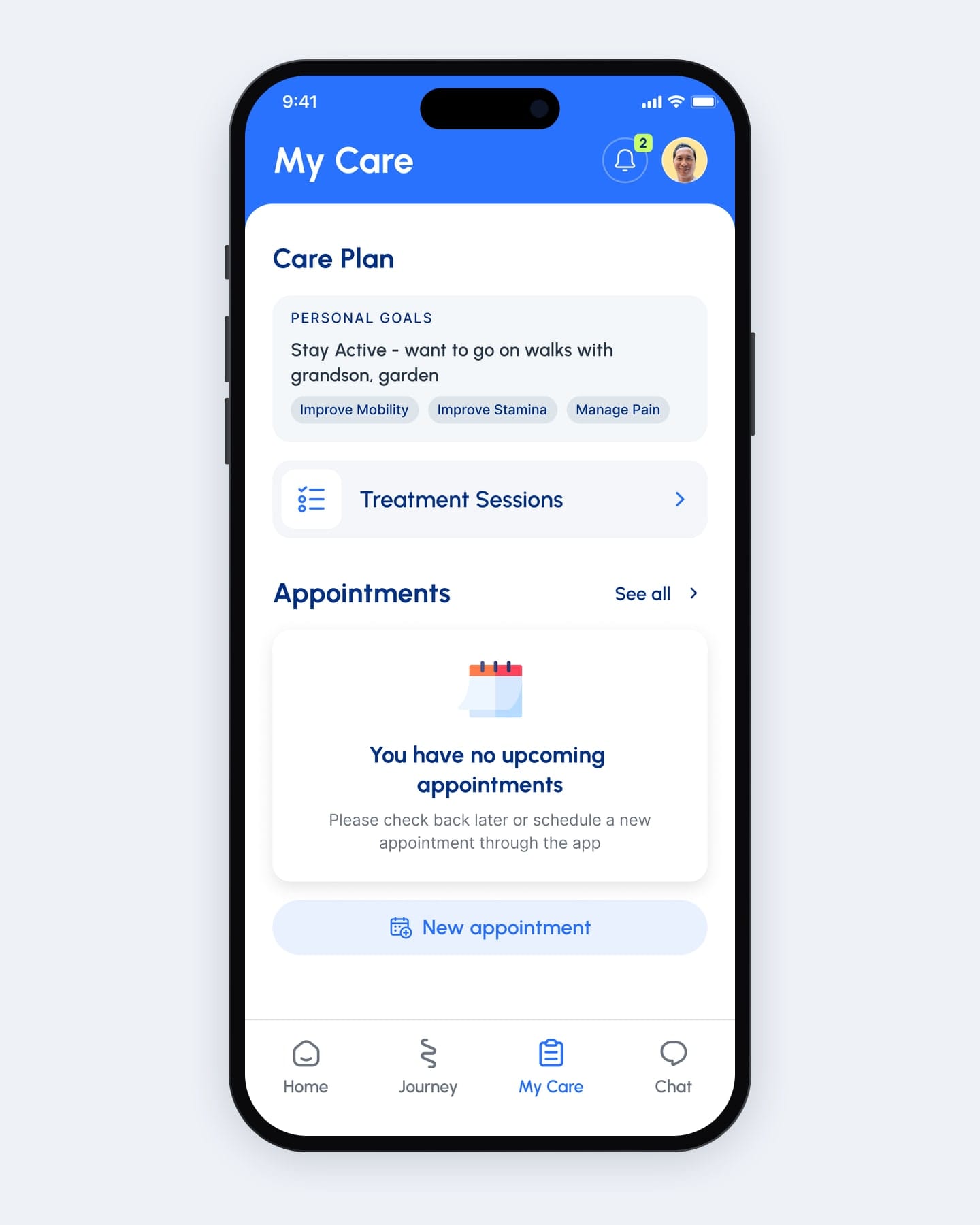 Earlier My Care: personal goals, a Treatment Sessions link and an empty appointments state.